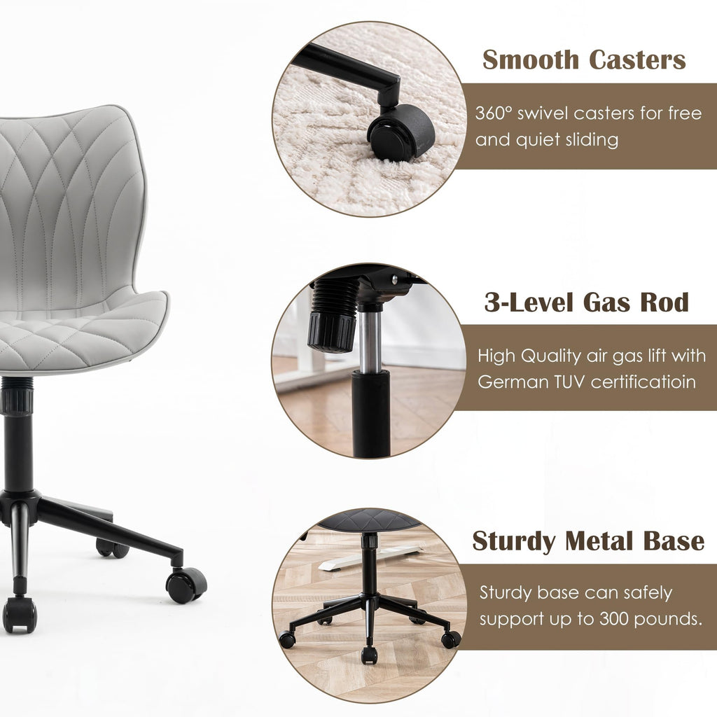 Armless Desk Chair Comfy Office Chair with Wheels Home Ergonomic Task Chair Adjustable Computer Chairs Modern Faux Leather Swivel Chair Upholstered Makeup Vanity Chair with Back(Gray)