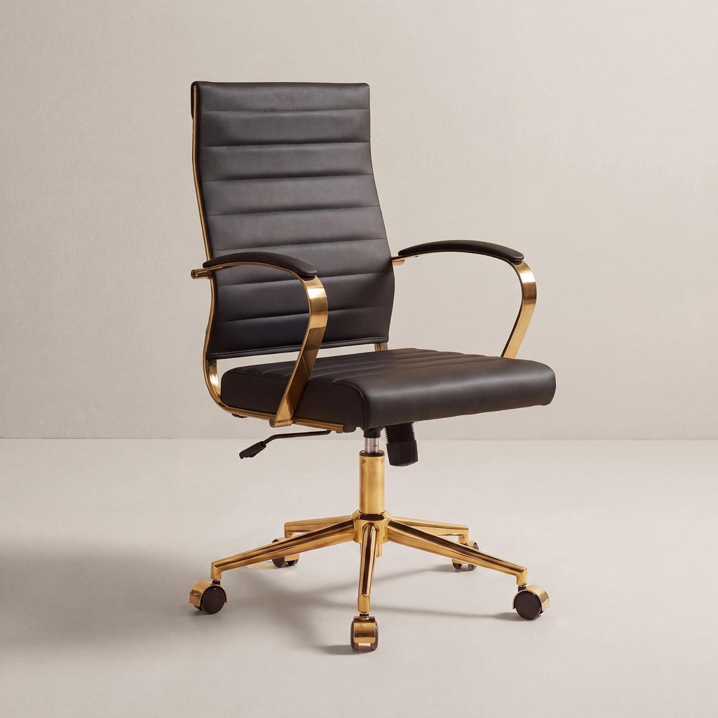 Gold Office Desk Chair, Ergonomic Leather Modern Conference Room Chairs, Executive Ribbed Height Adjustable Swivel Rolling Golden Chair for Home Office.