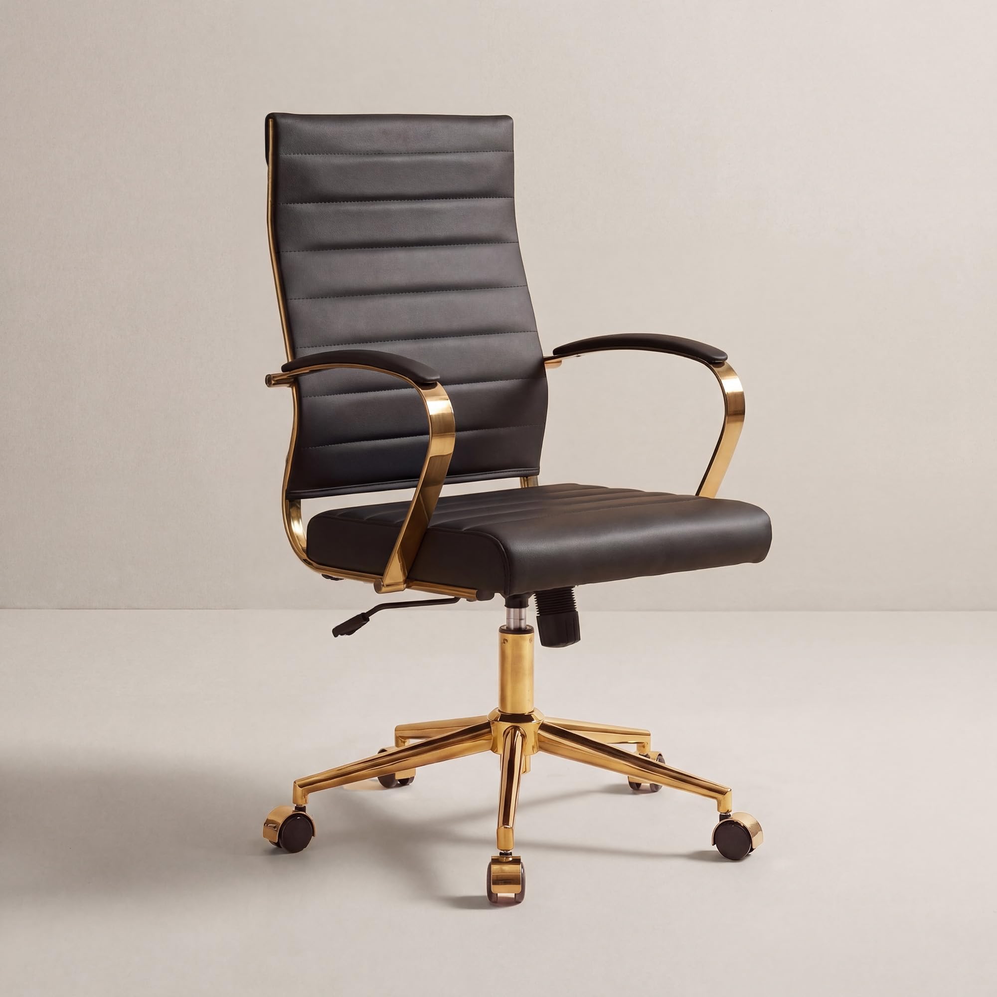 Gold Office Desk Chair, Ergonomic Leather Modern Conference Room Chairs, Executive Ribbed Height Adjustable Swivel Rolling Golden Chair for Home Office.