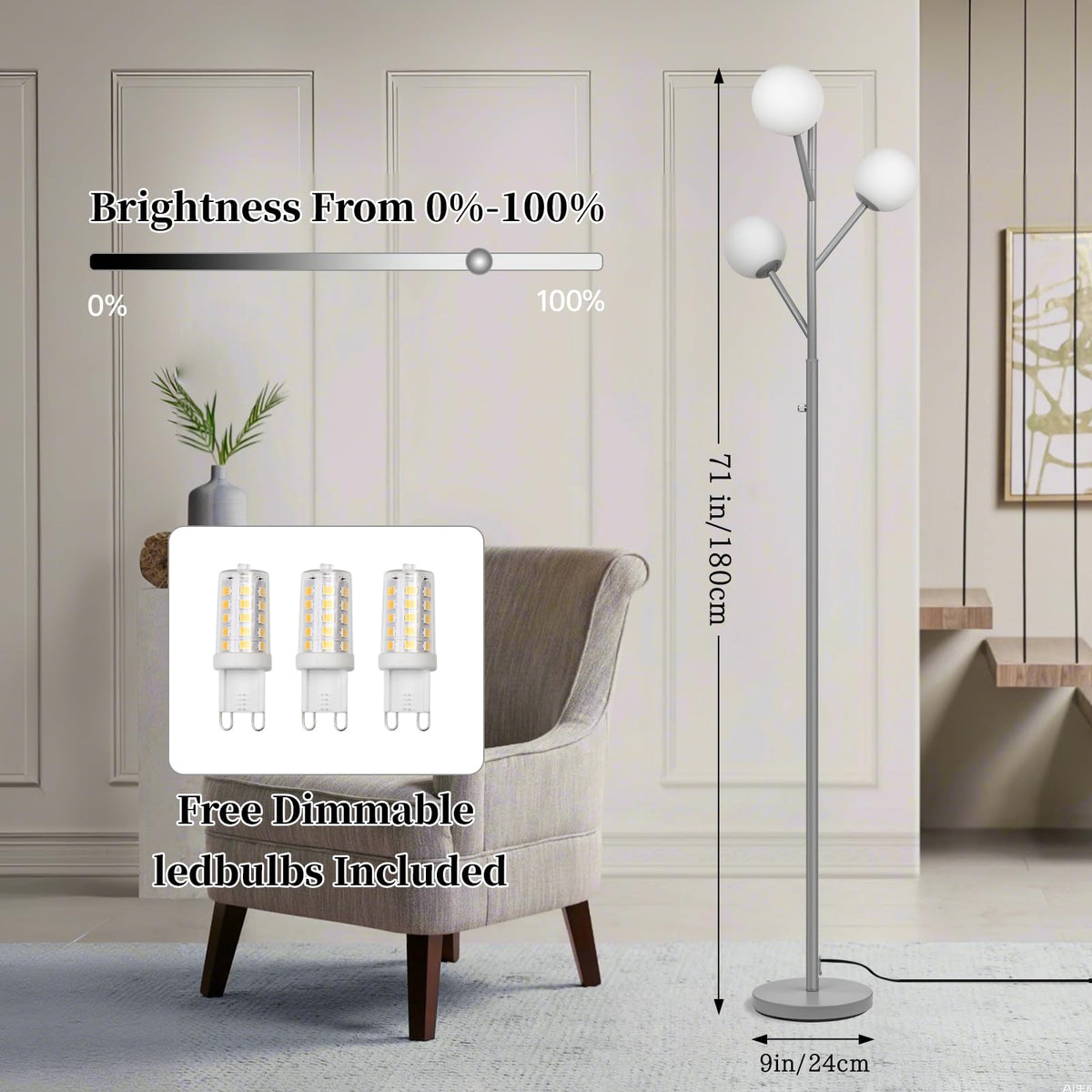 Dimmable 3-Globe Mid Century Modern Floor Lamp, Bulbs Included,70in Tall Silver Standing Floor Lamp with Frosted Glass Shade for Living Room,Office Bedroom, Study Room, Hotel, (dimmer-Silver)