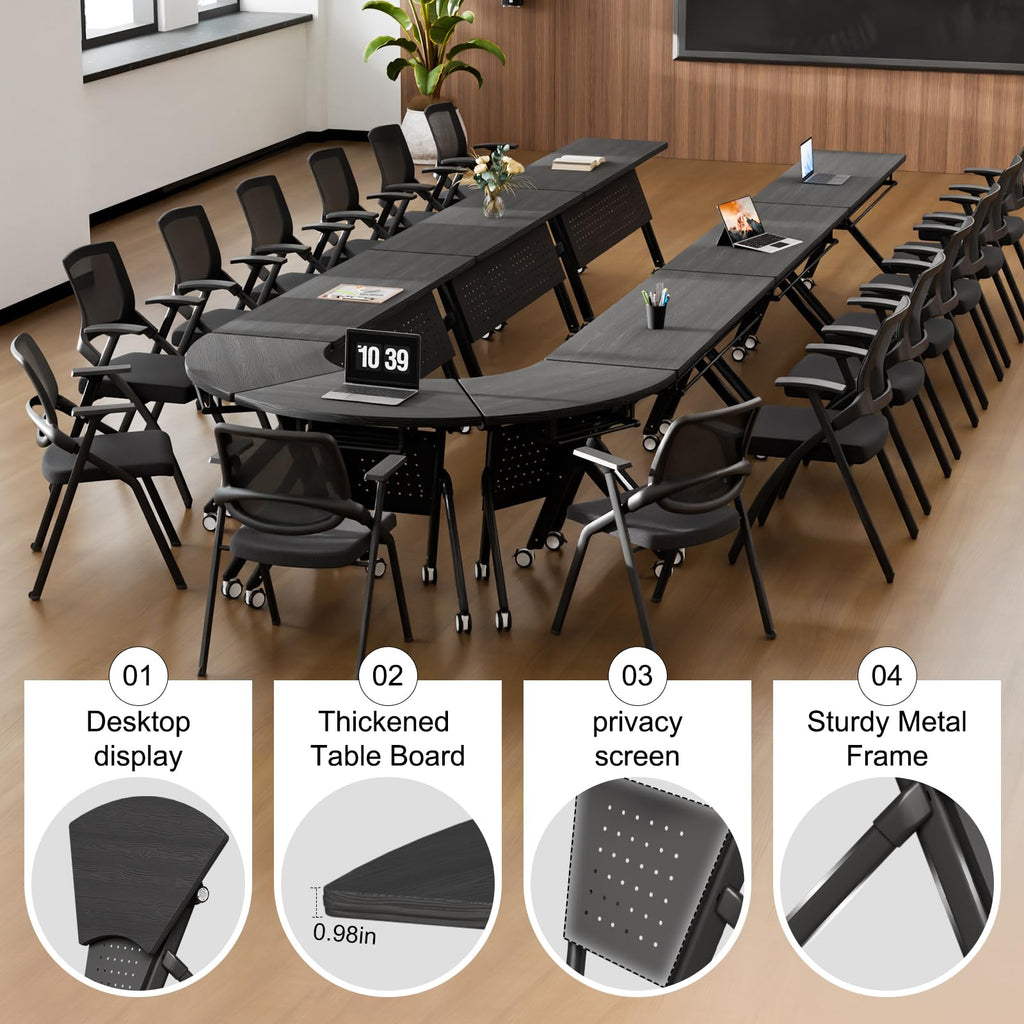 Conference Room Tables White,Folding Rectangular Flip Top Conference Table with Wheels for Large Meeting Seminar Home Office Classr (2, Black, 55.1in)