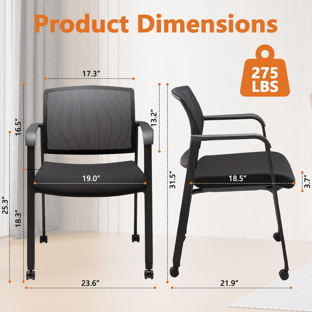 Mesh Back Guest Reception Arm Chairs with Wheels, Waiting Room Chairs with Upholstered Fabric Seat and Ergonomic Lumbar Support for Office