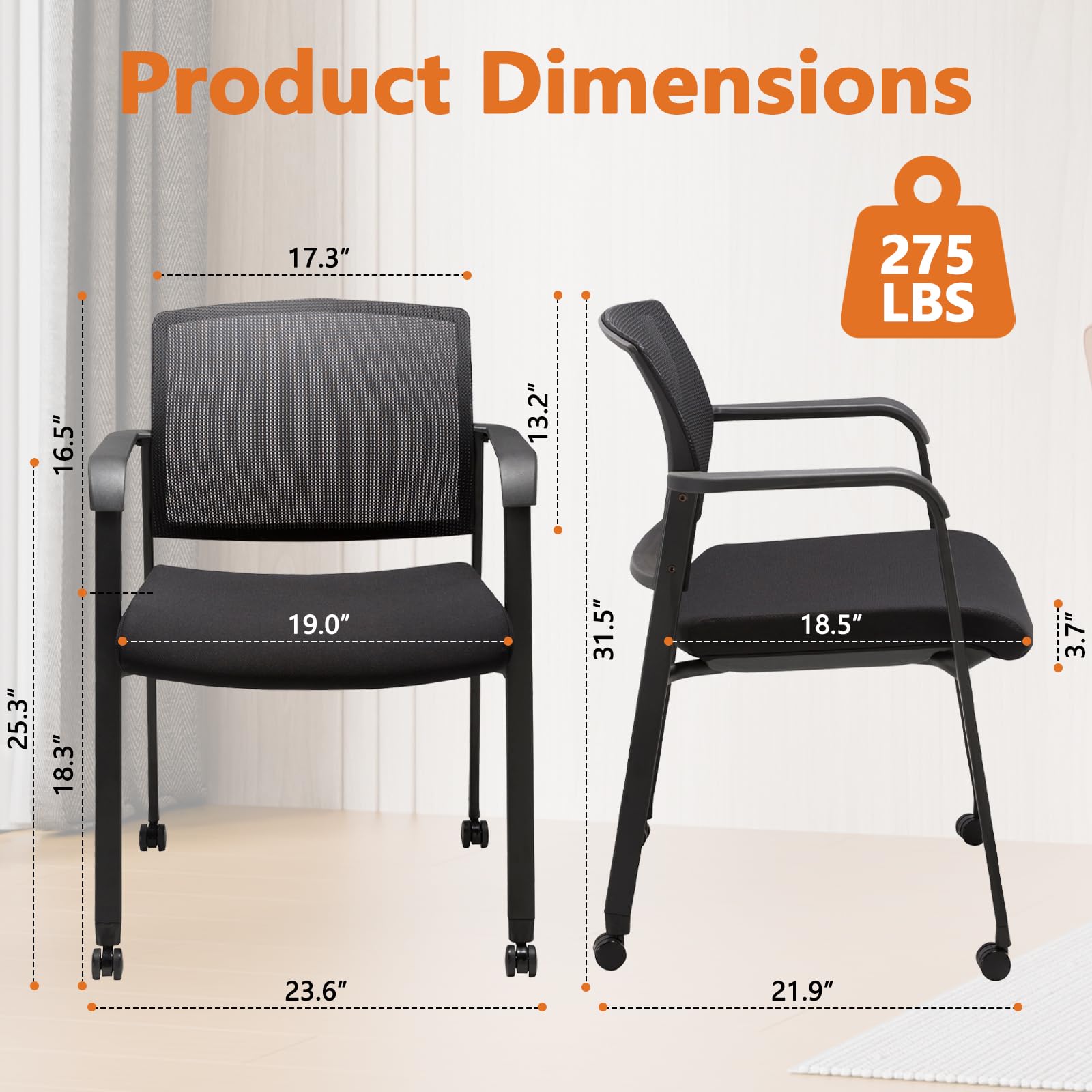 Mesh Back Guest Reception Arm Chairs with Wheels, Waiting Room Chairs with Upholstered Fabric Seat and Ergonomic Lumbar Support for Office