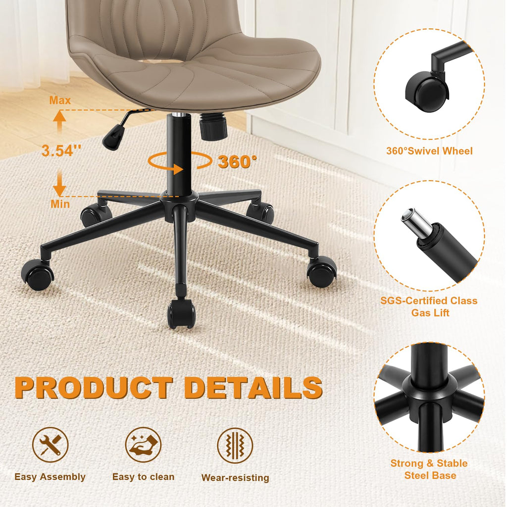 Armless Office Chair, Height Adjustable Desk Chair with Wheels, Ergonomic Comfy 360° Swivel Home Office Computer Task Chair, Faux Leather Padded Cute Vanity Chair, Khaki