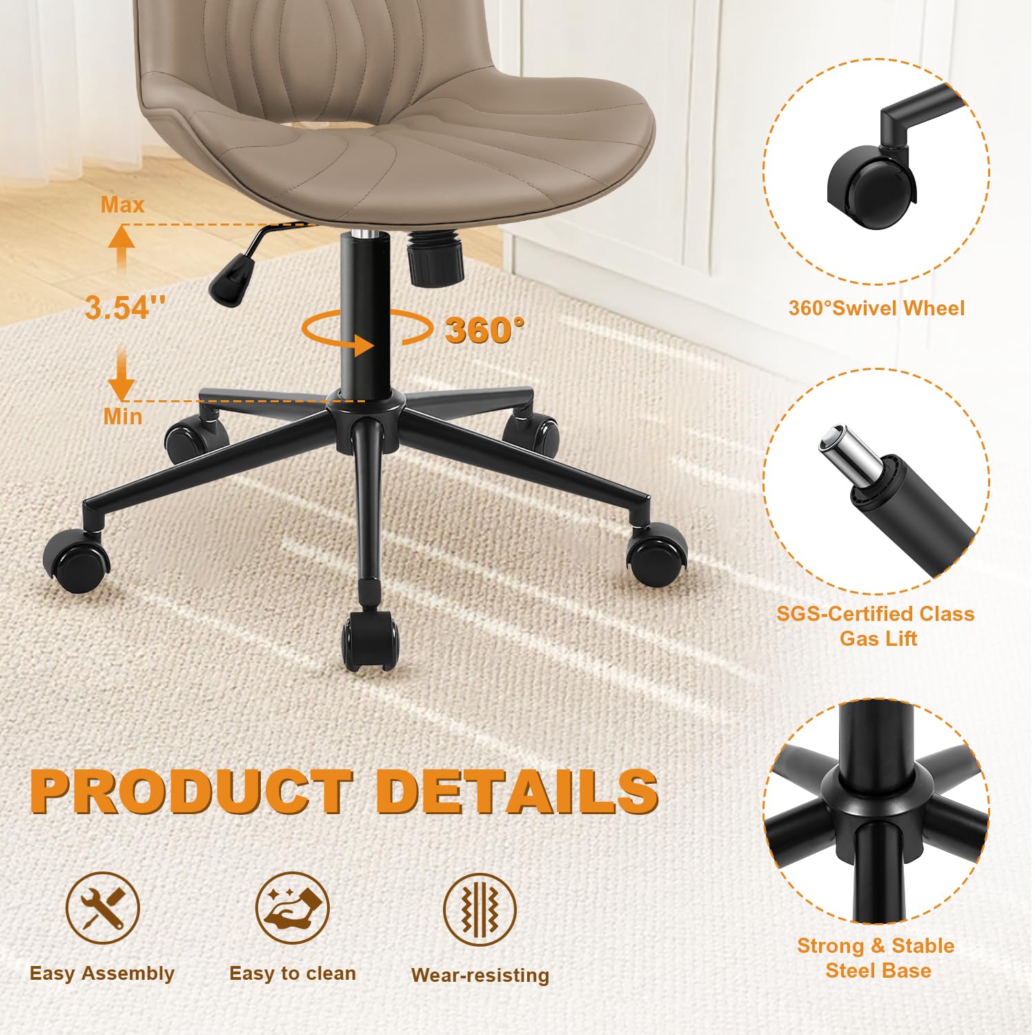 Armless Office Chair, Height Adjustable Desk Chair with Wheels, Ergonomic Comfy 360° Swivel Home Office Computer Task Chair, Faux Leather Padded Cute Vanity Chair, Khaki