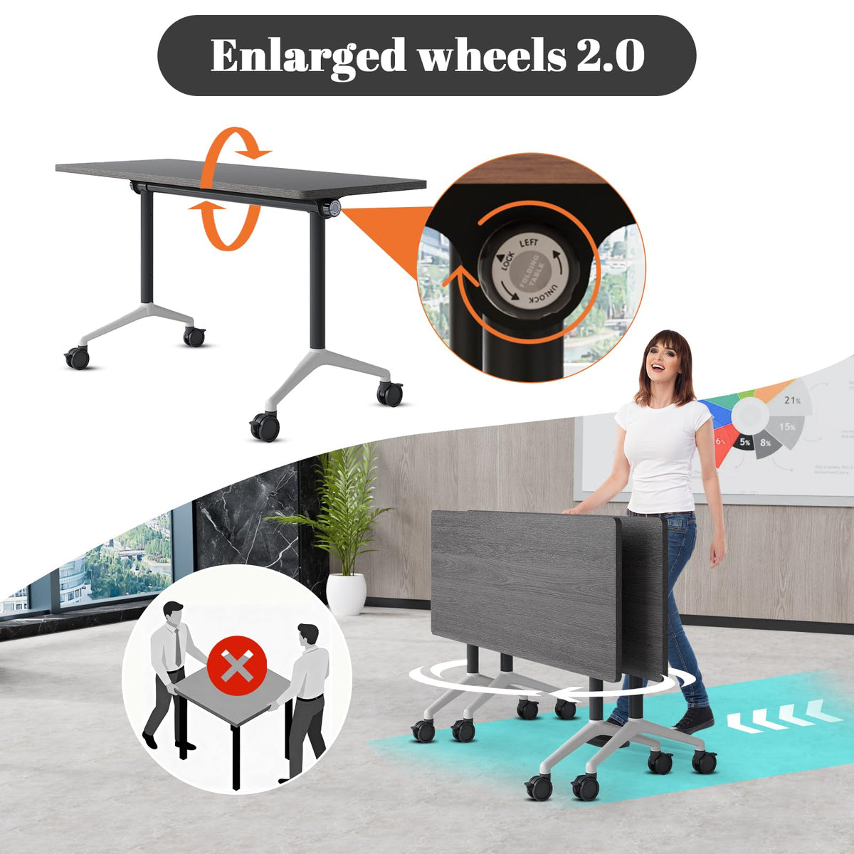 Conference Room Tables White,Folding Rectangular Flip Top Conference Table with Wheels for Large Meeting Seminar Home Office Classr (6, Grey, 70.8in)