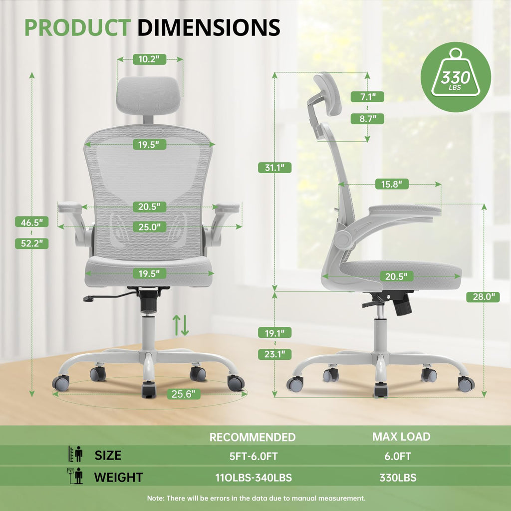 Office Chair Ergonomic Desk Chair, 330LBS Capacity, High Back Computer Design for Long Hours Comfort, Rolling Swivel Executive Task for Home Office with Flip-up Armrests（Grey）