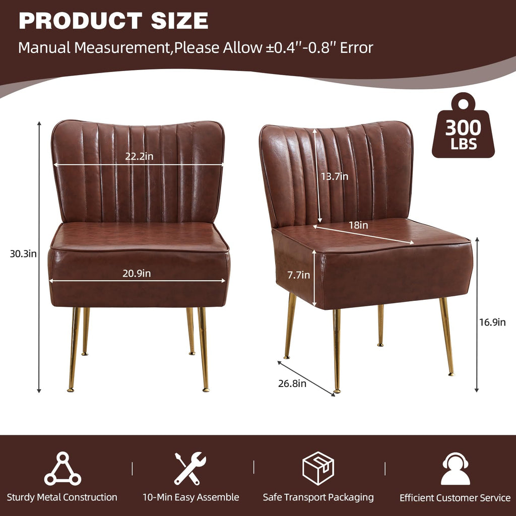 Modern Leather Accent Chairs Set of 6, Vintage Slipper Chair with Heavy Duty Iron Frame & Gold Legs, Mid Century Side Sofa Chair for Living Room Office(Brwon)