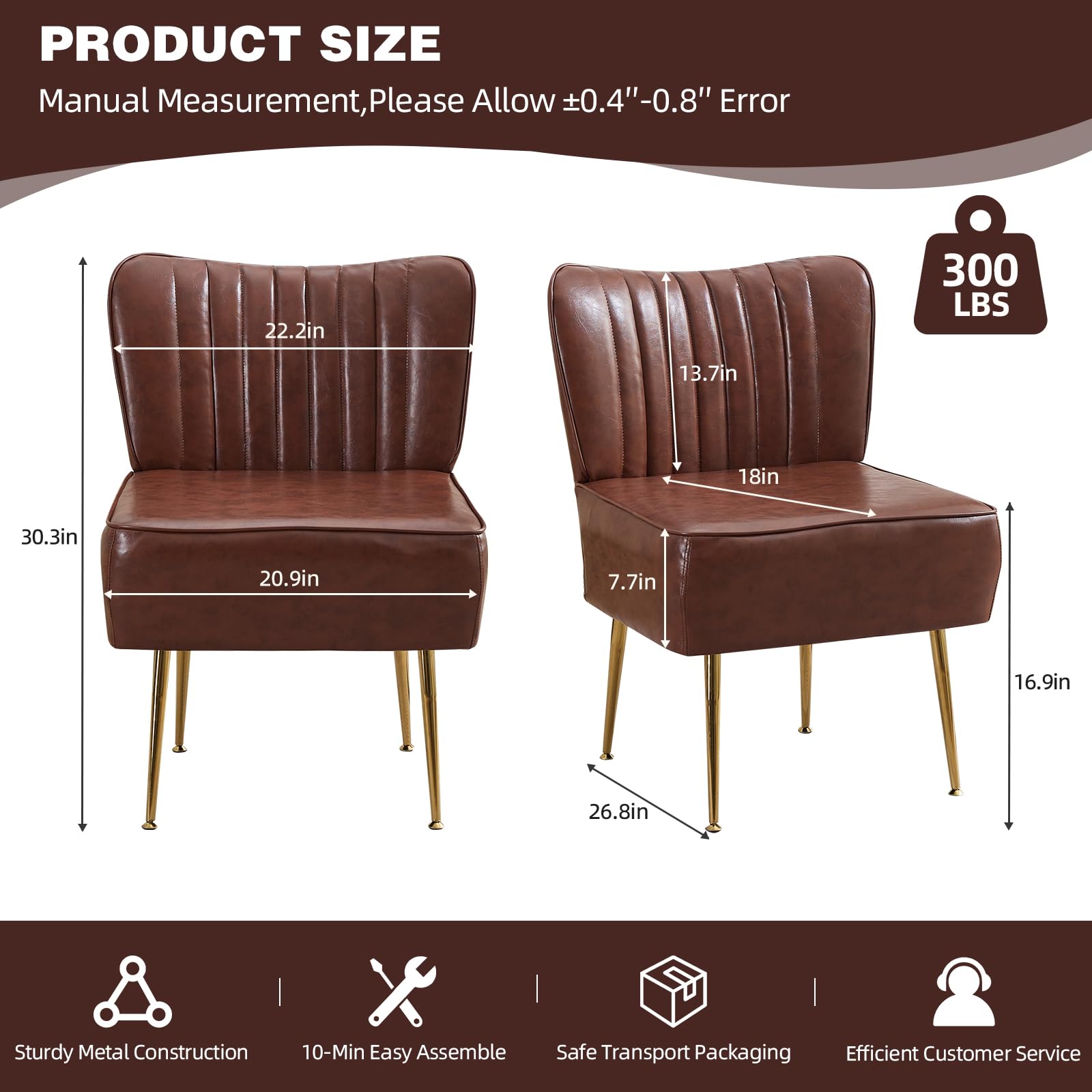 Modern Leather Accent Chairs Set of 6, Vintage Slipper Chair with Heavy Duty Iron Frame & Gold Legs, Mid Century Side Sofa Chair for Living Room Office(Brwon)