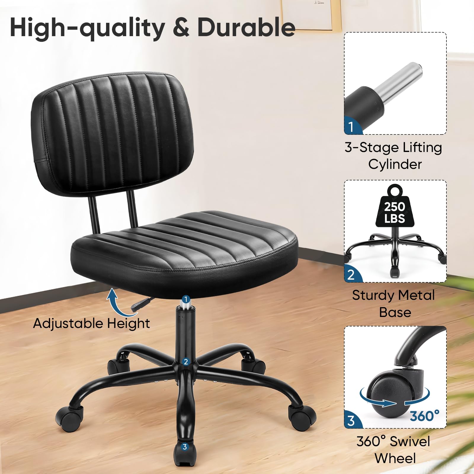 Small Armless Desk Chair with Low Back Lumbar Support, Height Adjustable PU Leather Computer Task Chair with 360° Swivel Wheels, for Small Space, Adults, New Black