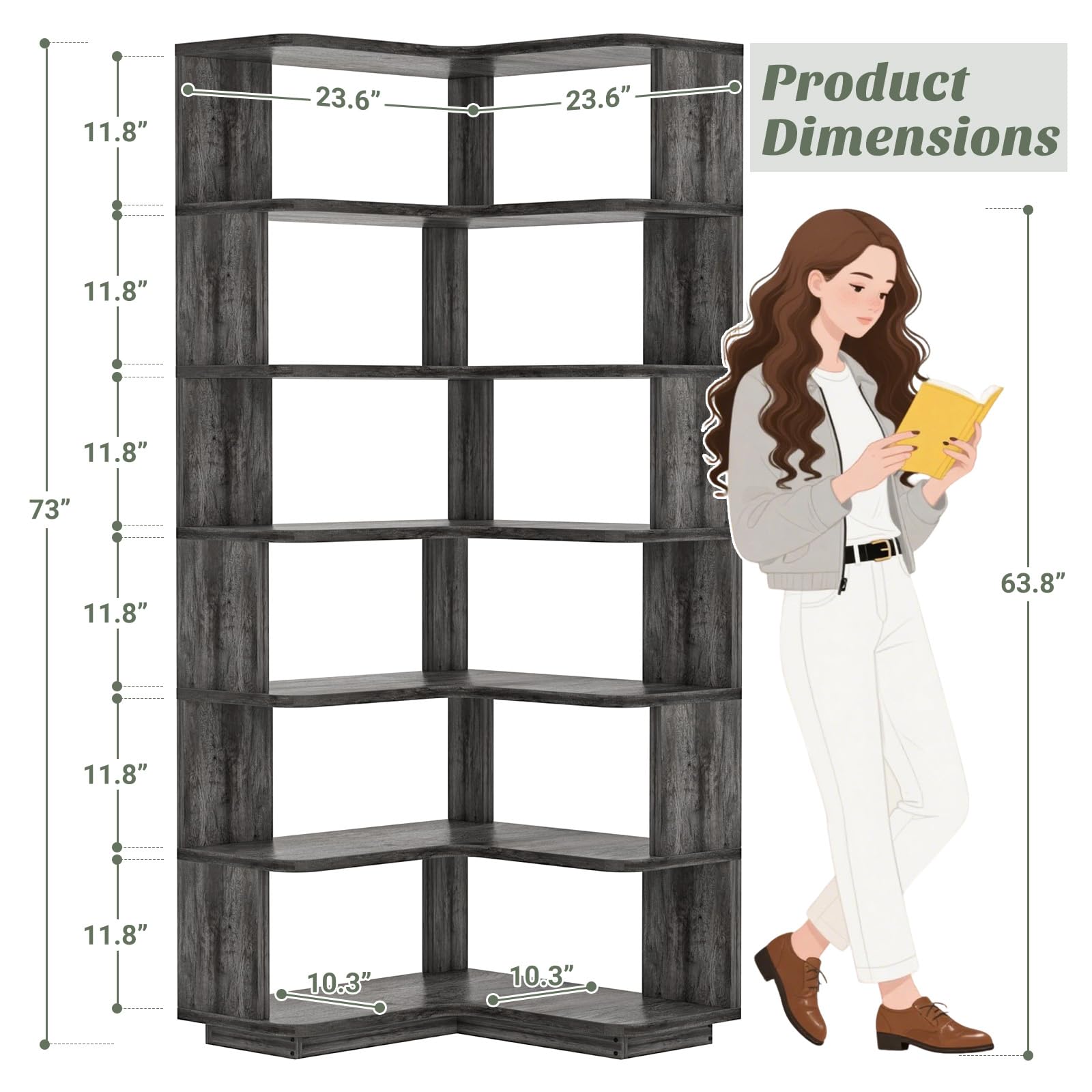 Corner Book Shelf, 7-Shelf L Shaped Corner Bookshelf with Baffle