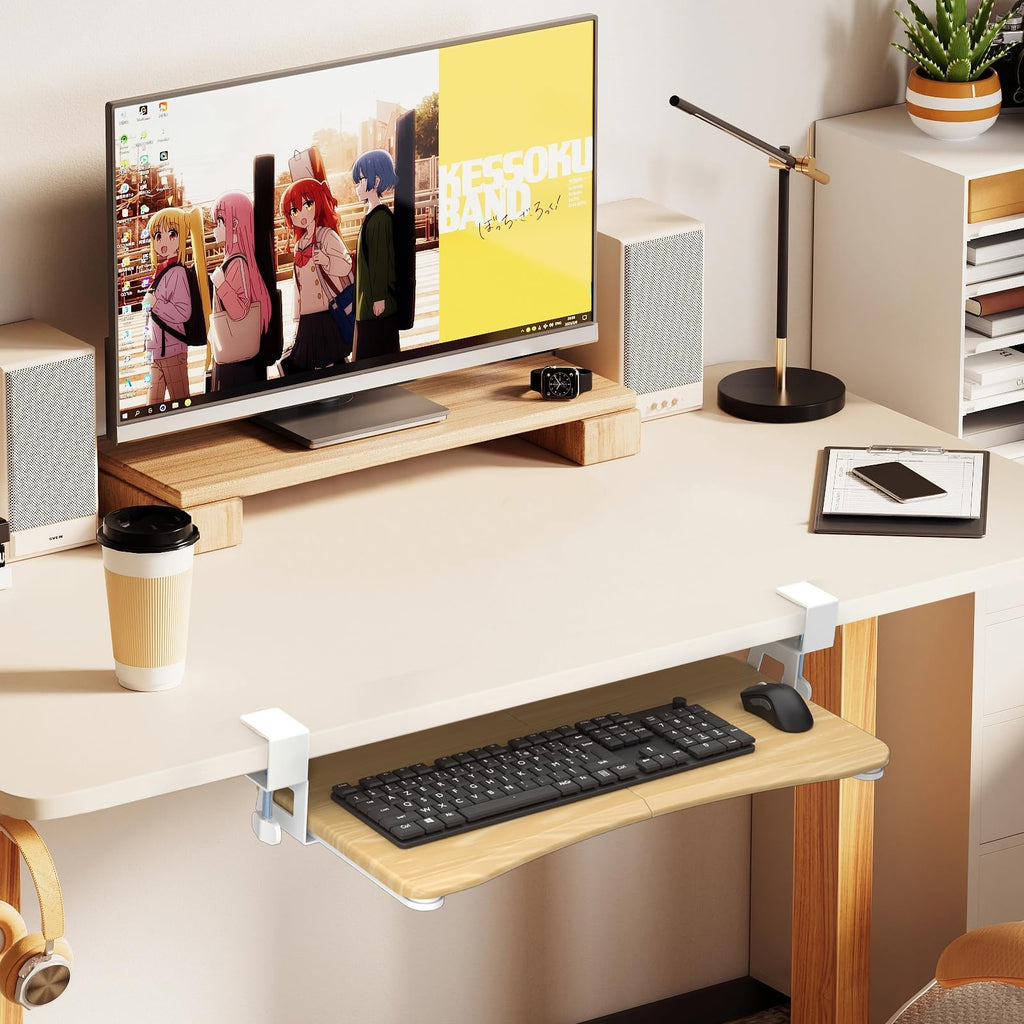 Keyboard Tray Under Desk Pull Out with C Clamp Mount, Computer Keyboard & Mouse Tray, 25.6 (30 Including Clamps) x 11.8 inch Slide-Out Platform Computer Drawer for Typing, Light Wood,