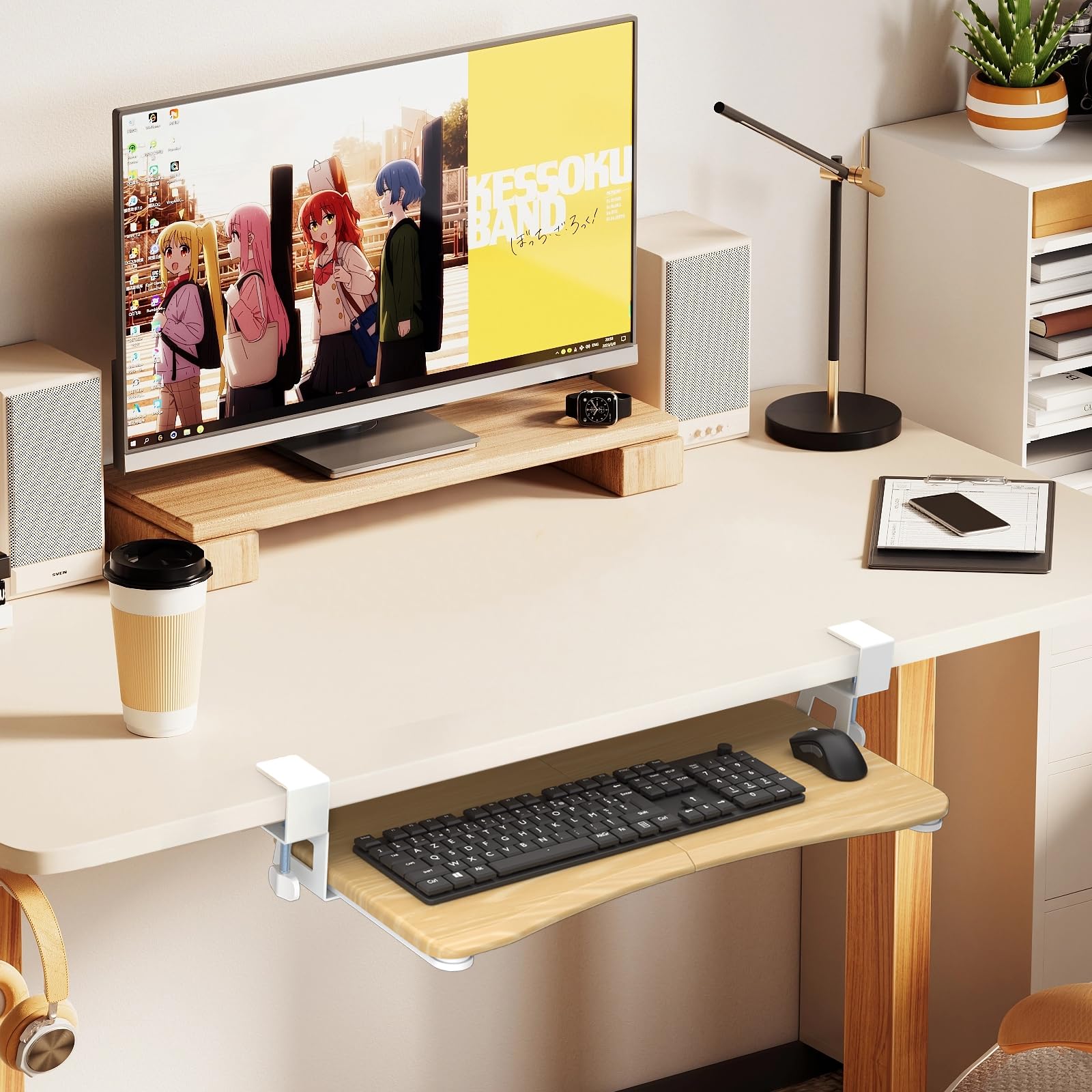 Keyboard Tray Under Desk Pull Out with C Clamp Mount, Computer Keyboard & Mouse Tray, 25.6 (30 Including Clamps) x 11.8 inch Slide-Out Platform Computer Drawer for Typing, Light Wood,