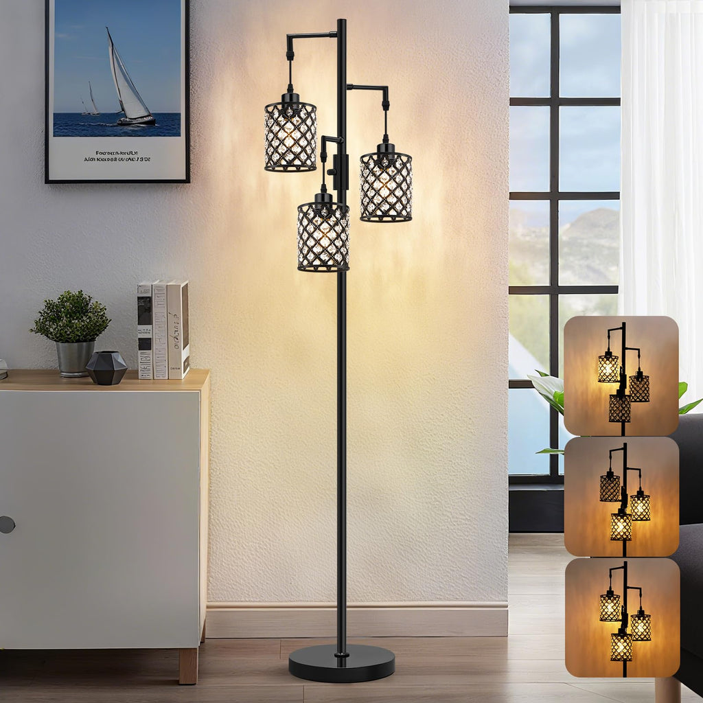 Crystal Floor Lamps for Living Room, 3-Light Black Floor Lamp, Standing Tall Lamp with Elegant K9 Crystal Shade & Rotary Switch, Modern Corner Floor Lamp for Bedroom, Home Office, Reading