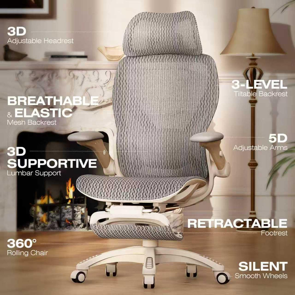 X100 Ergonomic Office Chair with Footrest, Big and Tall Home Desk Chair with 5D Flip-Up Arms, Adjustable 3D Lumbar Support,High Back Rolling Computer Chair, Swivel Mesh Chairs (Foggy Morning)