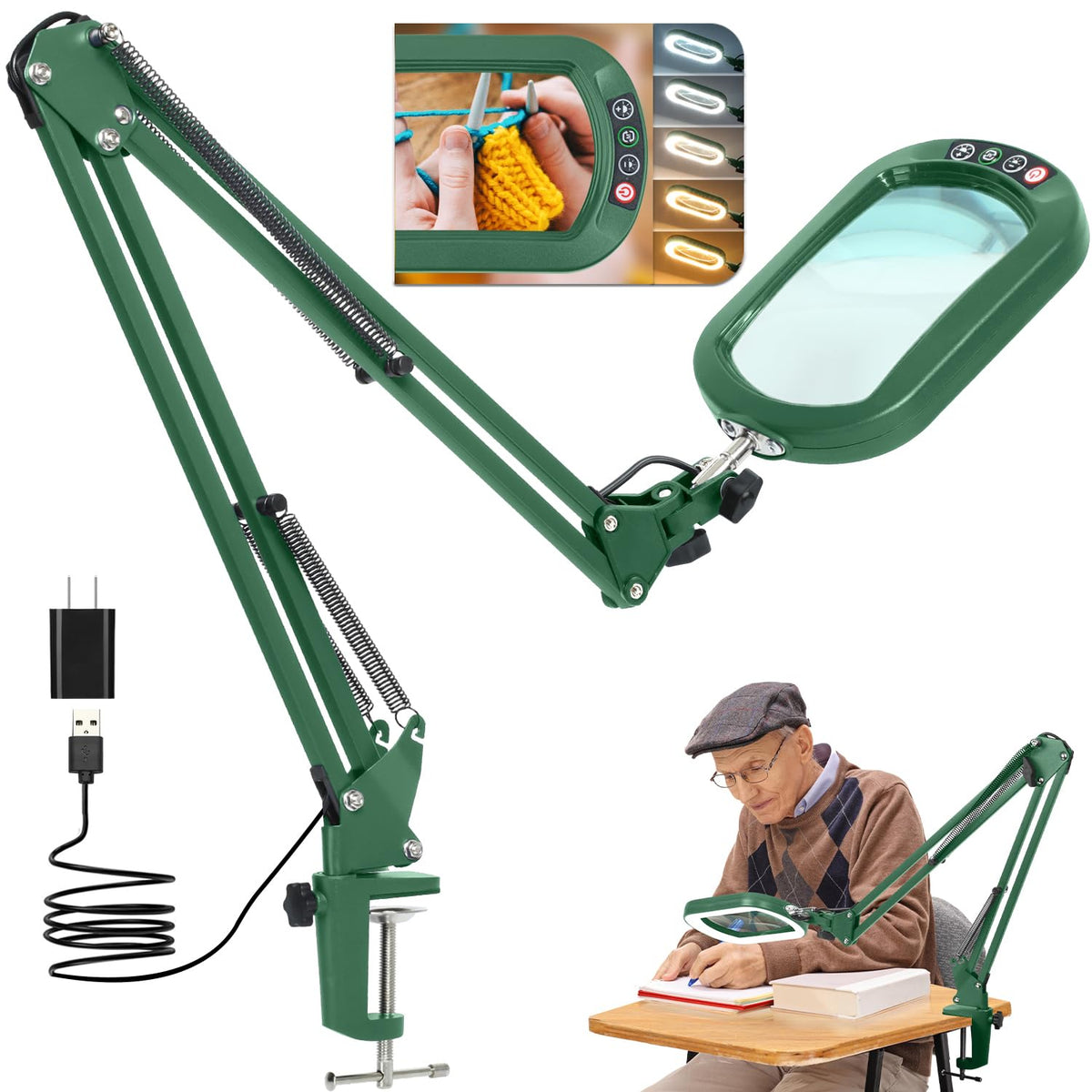 14.35" Large Magnifying Glass with Light and Clamp, Real Glass, 5 Color Modes, Stepless Dimmable, Lighted Magnifier with Stand Hands Free, LED Swing Arm Desk Lamp for Close Work, Craft, Green