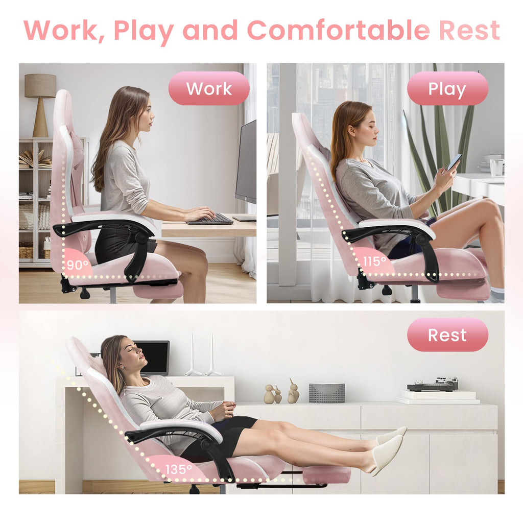 Gaming Chair with Footrest Lumbar Support for Home Office High Back Recliner Height Adjustable Ergonomic Comfy Fabric Computer Desk Chair (Pink)