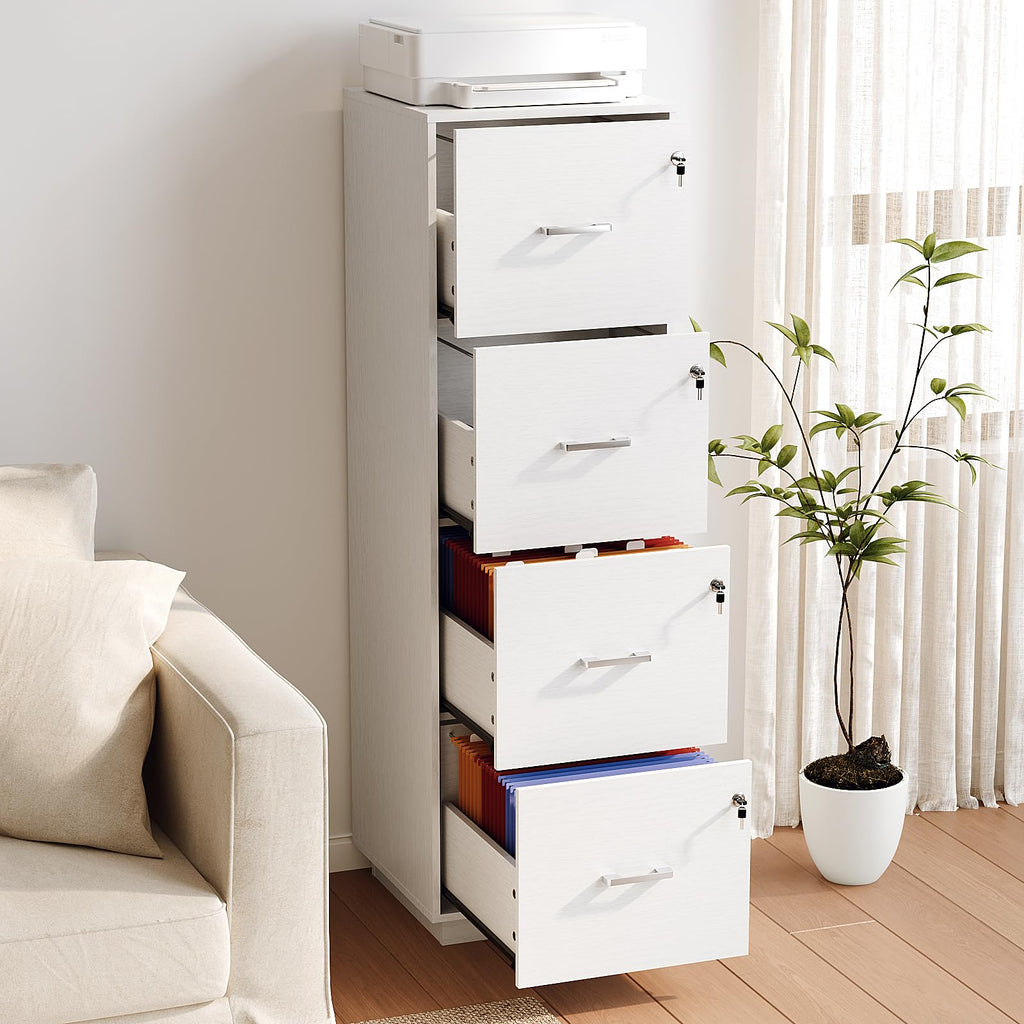 4 Drawer File Cabinet with Lock, Home Office Filing Organizer, for Letter Size File Folder Storage, Wood Tall Vertical Filing Cabinet, Printer Stand, Archivador (White)