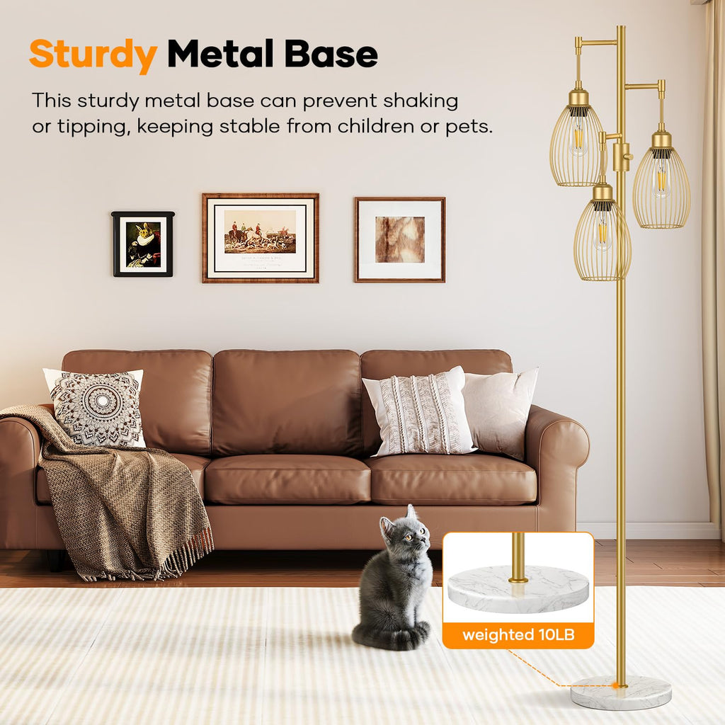 Floor Lamp,3x800LM LED Bulbs Included, Farmhouse Industrial Floor Lamp Standing Tree Lamp with Teardrop Cage Head Tall Lamp for Living Room Bedroom Office Dining Room - Gold & Marble Base