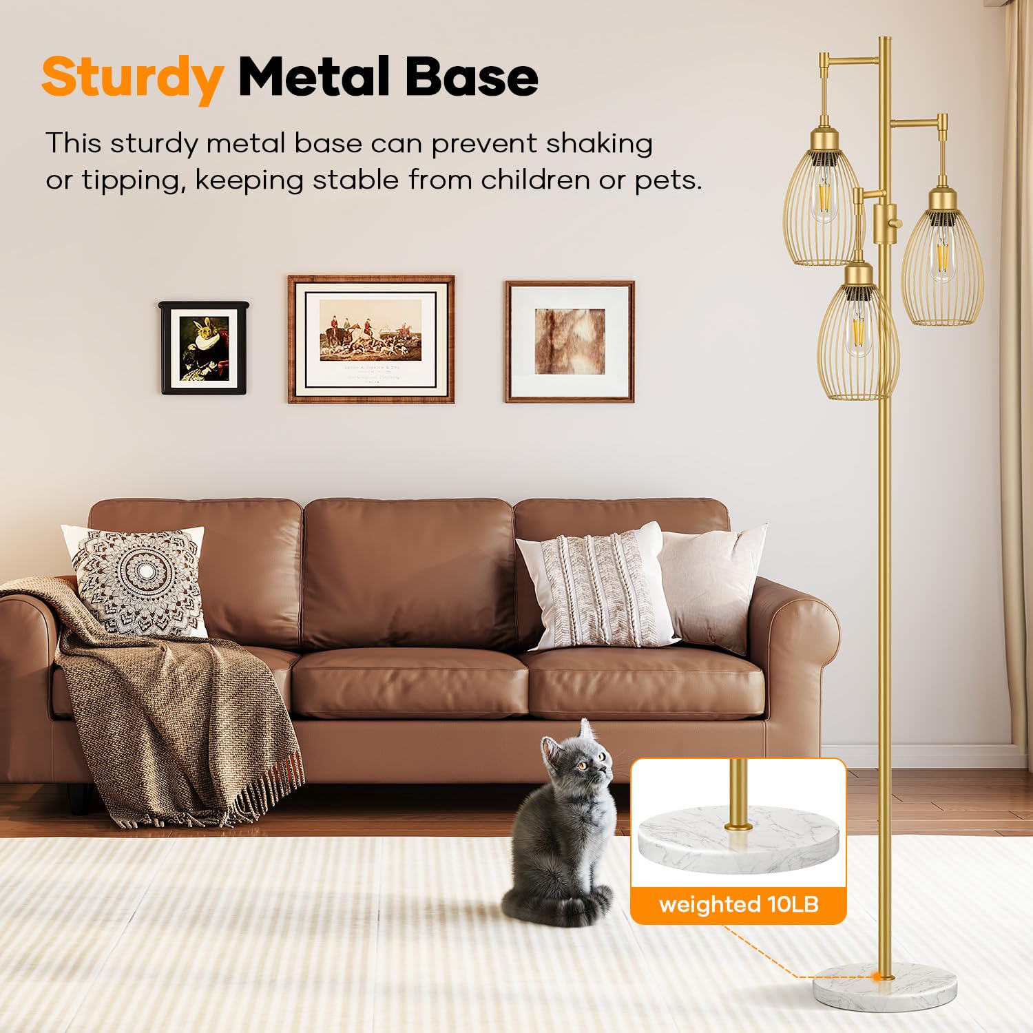 Floor Lamp,3x800LM LED Bulbs Included, Farmhouse Industrial Floor Lamp Standing Tree Lamp with Teardrop Cage Head Tall Lamp for Living Room Bedroom Office Dining Room - Gold & Marble Base