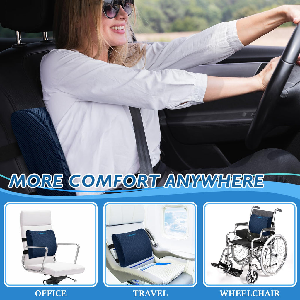 Lumbar Support Pillow for Office Chair Back Support Lumbar Pillow for Car, Gaming, Office Chair - Improve Sitting Posture & Back Pain Relief, Memory Foam, Adjustable Straps, Blue