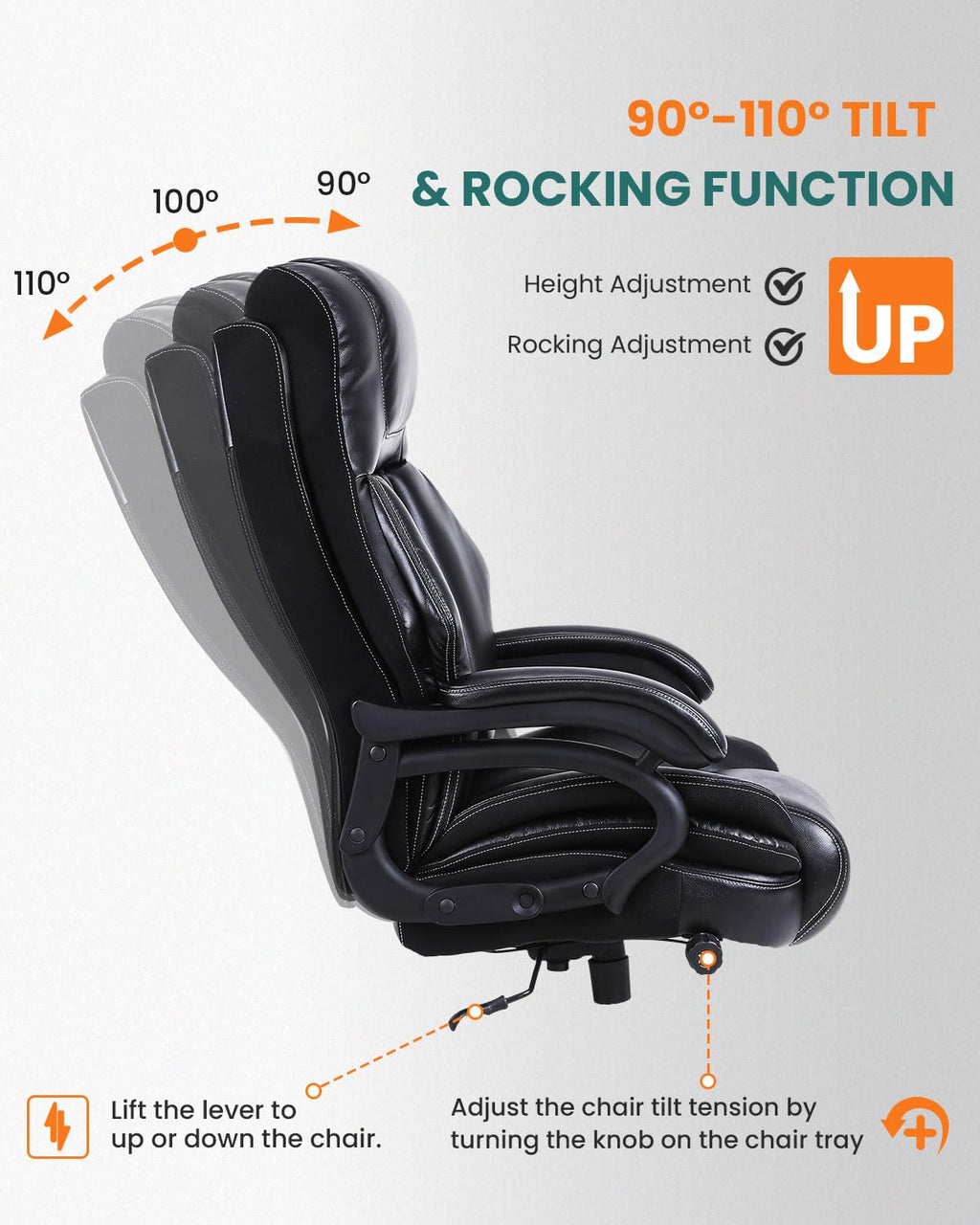650lbs Large Big and Tall Office Chair for Heavy People with Adjustment Lumbar Support, Comfy Padded Heavy Duty Leather Executive Office Chair with Quiet Rubber for Adults 8 Hours Daliy Work