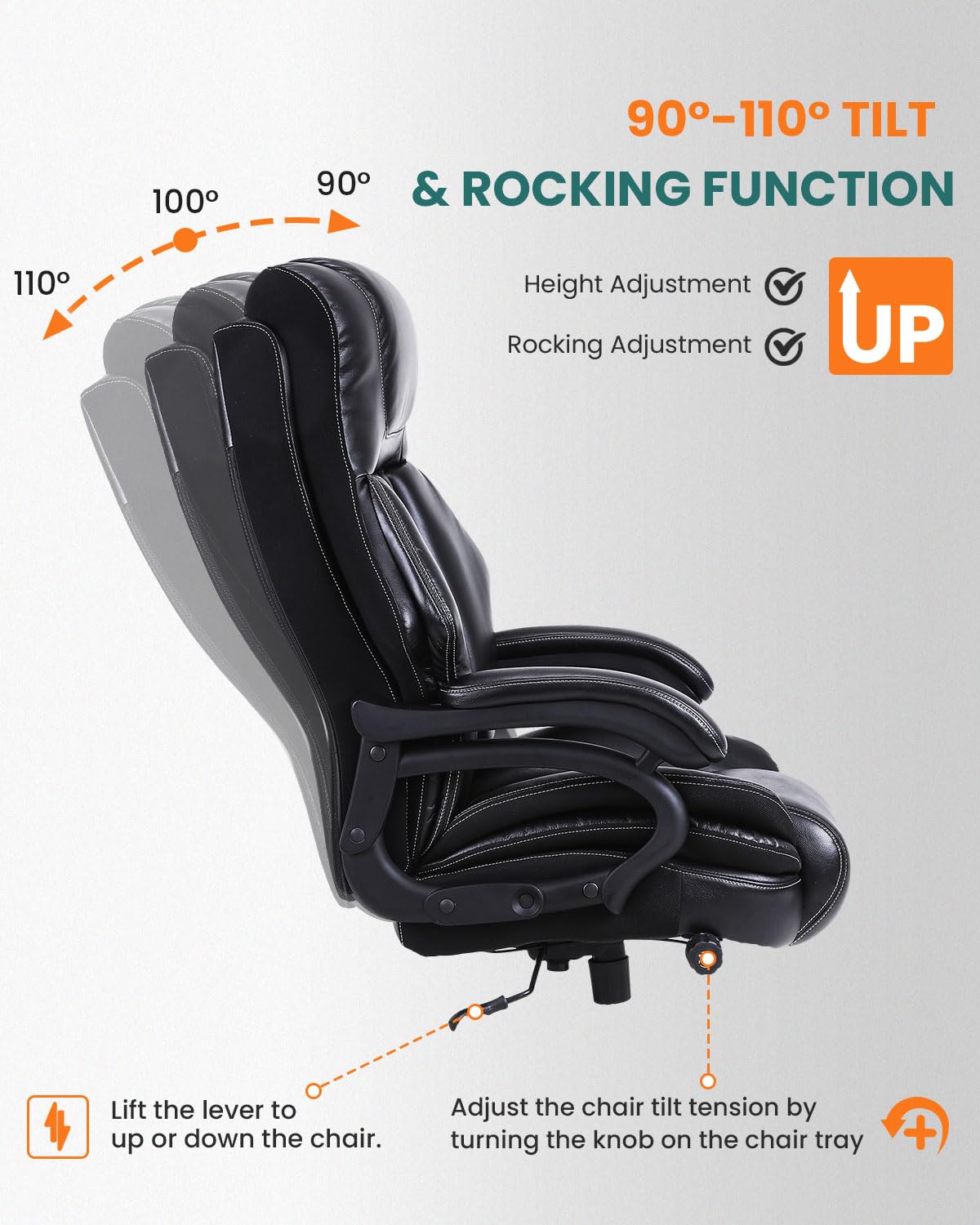 650lbs Large Big and Tall Office Chair for Heavy People with Adjustment Lumbar Support, Comfy Padded Heavy Duty Leather Executive Office Chair with Quiet Rubber for Adults 8 Hours Daliy Work