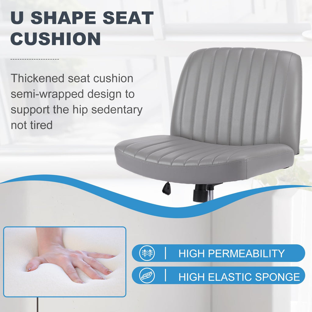 Criss Cross Legged Chairs Armless No Wheels Wide Seat Height Adjustable Swivel Padded PU Leather Home Office Desk Chair for Bedroom, Student, Study Room,Grey