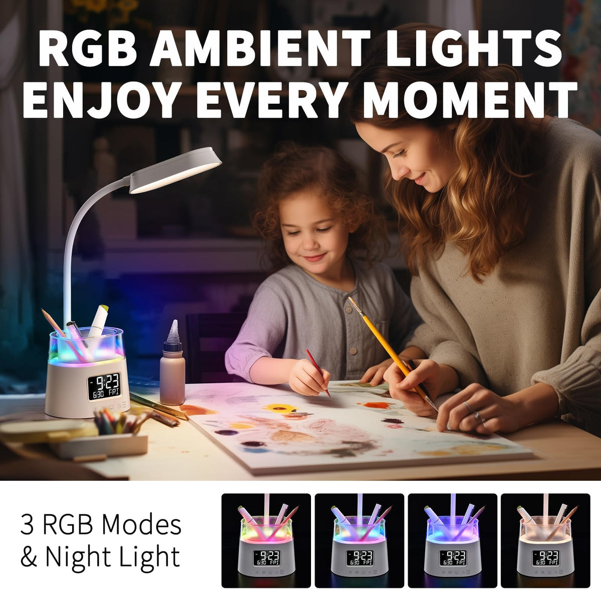 Led Desk Lamp with Pen Holder, Touch Lamps for Nightstand with 3 Color Modes, Eye-Caring Bedside Reading Light with Clock, Office Lamps Stepless Dimming, Lamp for Dorm Room, Suitable for Kid/Girl/Boy