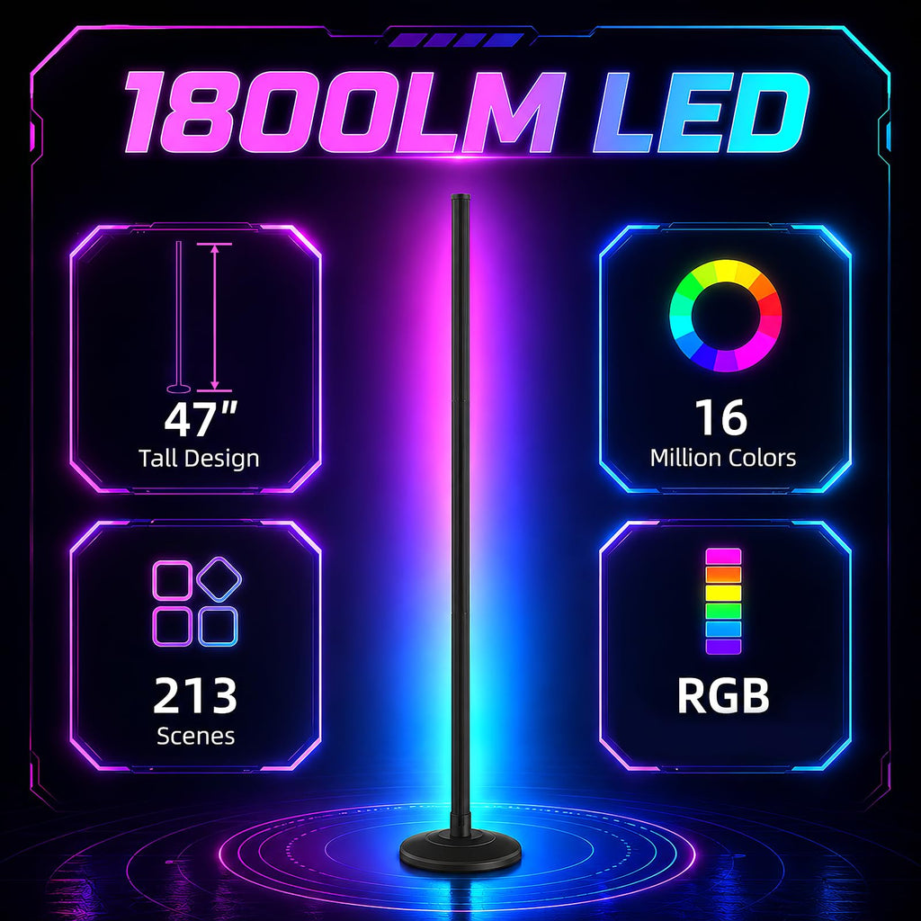 RGB Corner Floor Lamp,1800LM LED Standing Lamp for Gaming Room,1P