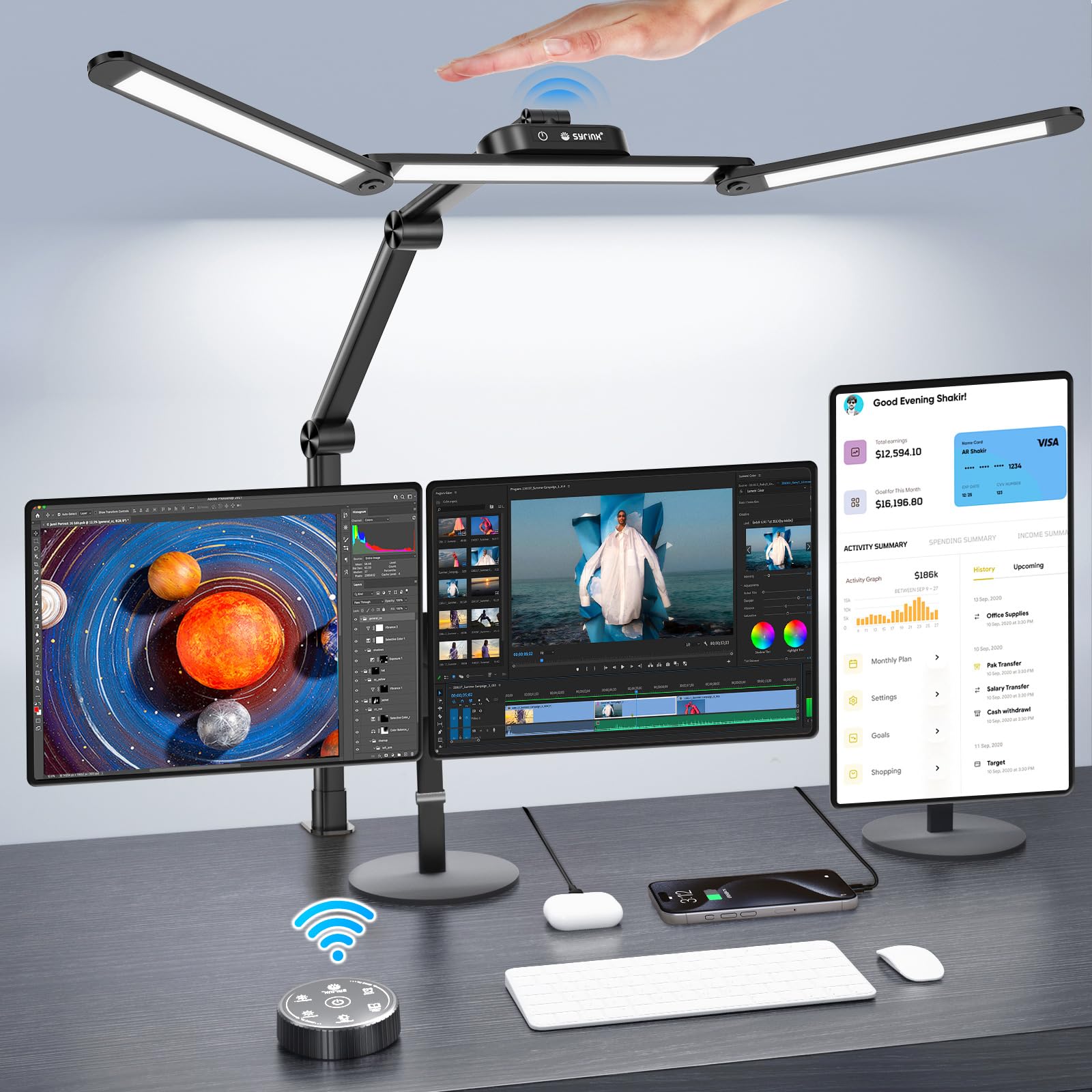 LED Desk Lamp, Architect Desk Lamps for Office with Gesture Switch & Remote Control, 24W Bright Desk Light with 50 Light Modes Eye-Caring Desk Lamp with Clamp for Reading Study Workbench