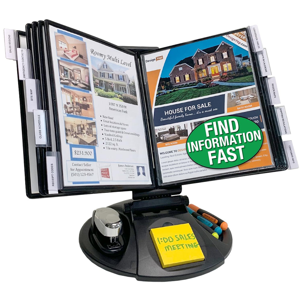 Adjustable View 10-Pocket Desk Reference Organizer with Supplies Storage Base and EZ-LOAD Pockets to Hold 20 Sheets of Paper, Includes Fast Find Indexing Tabs, Black Pockets