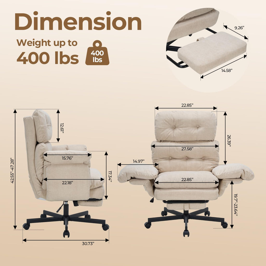 Criss Cross Office Chair with Foot Rest, Big and Tall Office Desk Chair with Flip Armrests for Pets & Cross Legged Sitting, Comfy Executive Ergonomic Reclining Computer Gaming Vanity Chair, Beige