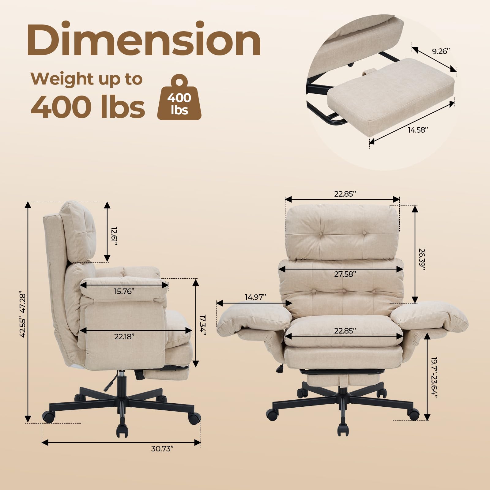 Criss Cross Office Chair with Foot Rest, Big and Tall Office Desk Chair with Flip Armrests for Pets & Cross Legged Sitting, Comfy Executive Ergonomic Reclining Computer Gaming Vanity Chair, Beige