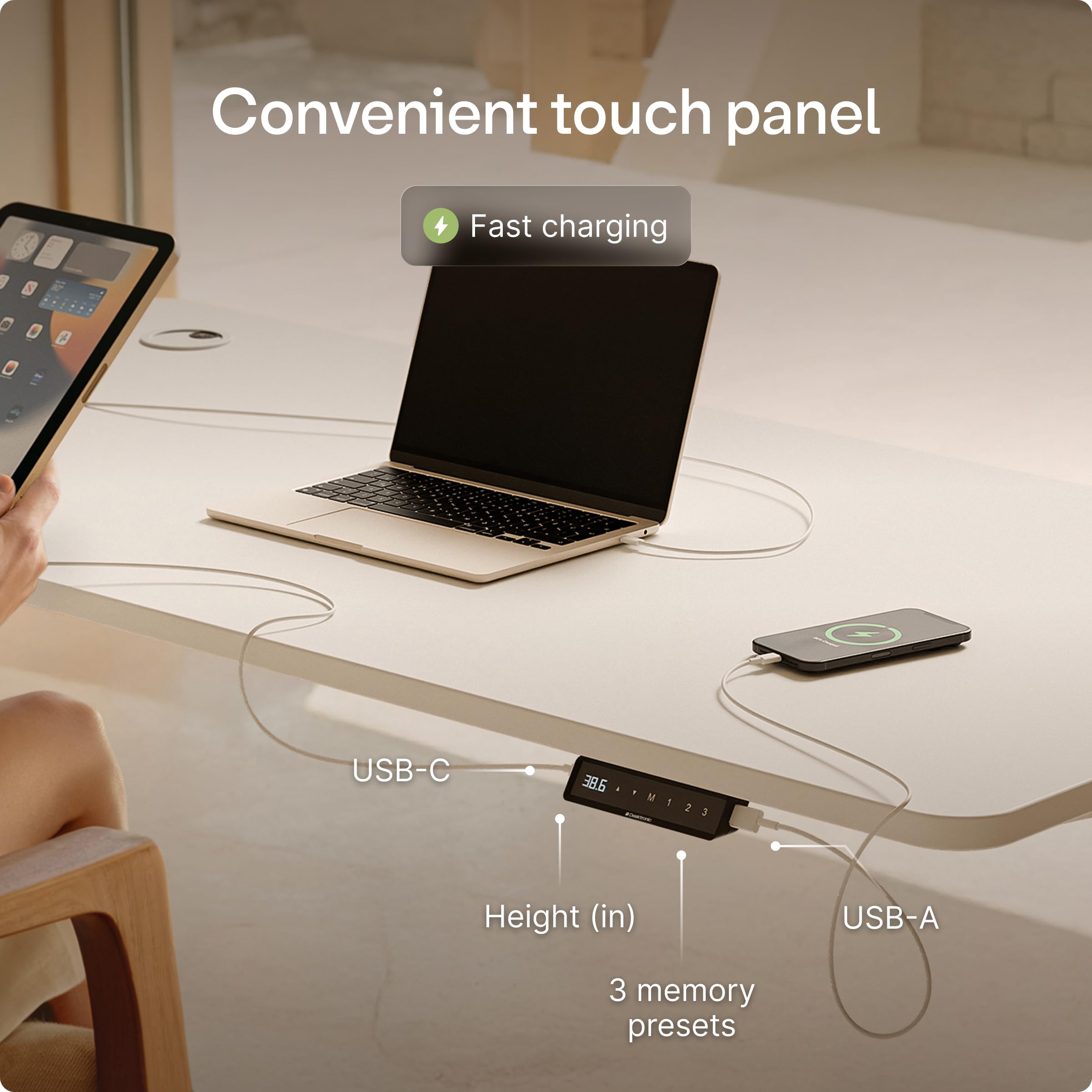 Standing Desk 48x24 — Made in Europe, Ergonomic Sit Stand Home Office Desk, Electric Height Adjustable, Dual Motor, USB & USB-C Charging, Wobble-Free, Touchscreen, 3 Memory Presets