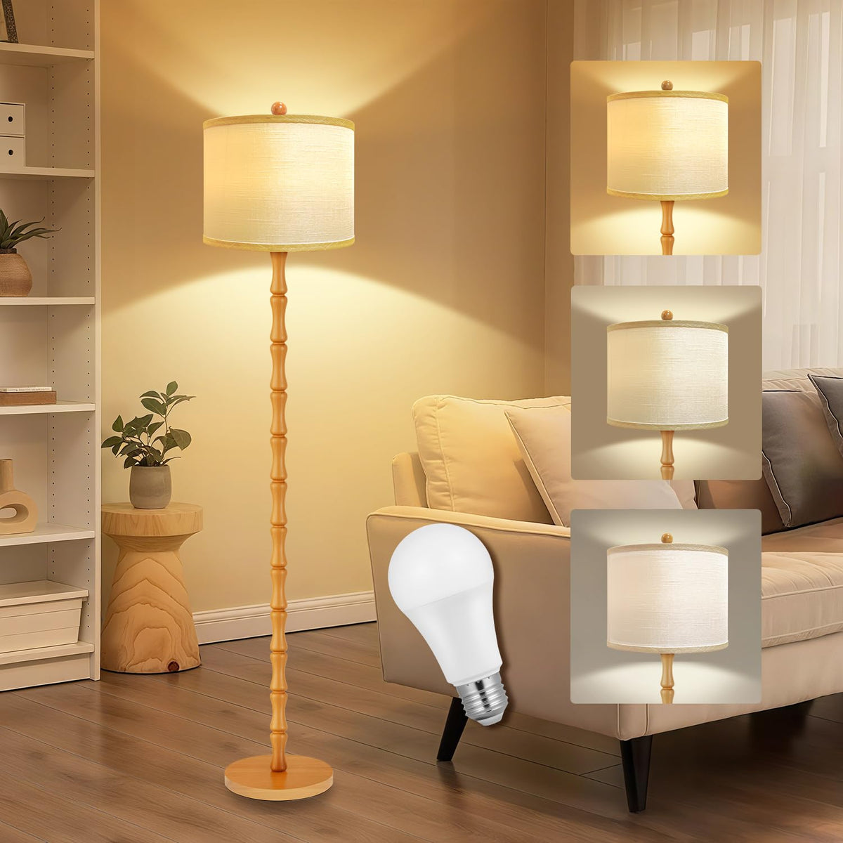 Vintage Wood Floor Lamps with Rotary Switch, 3 Color Temperatures Bulb,Modern Farmhouse Floor Lamps for Living Room,Rustic Standing Lamp for Bedroom,Tall Lamp for Office Corner Nursey Decor