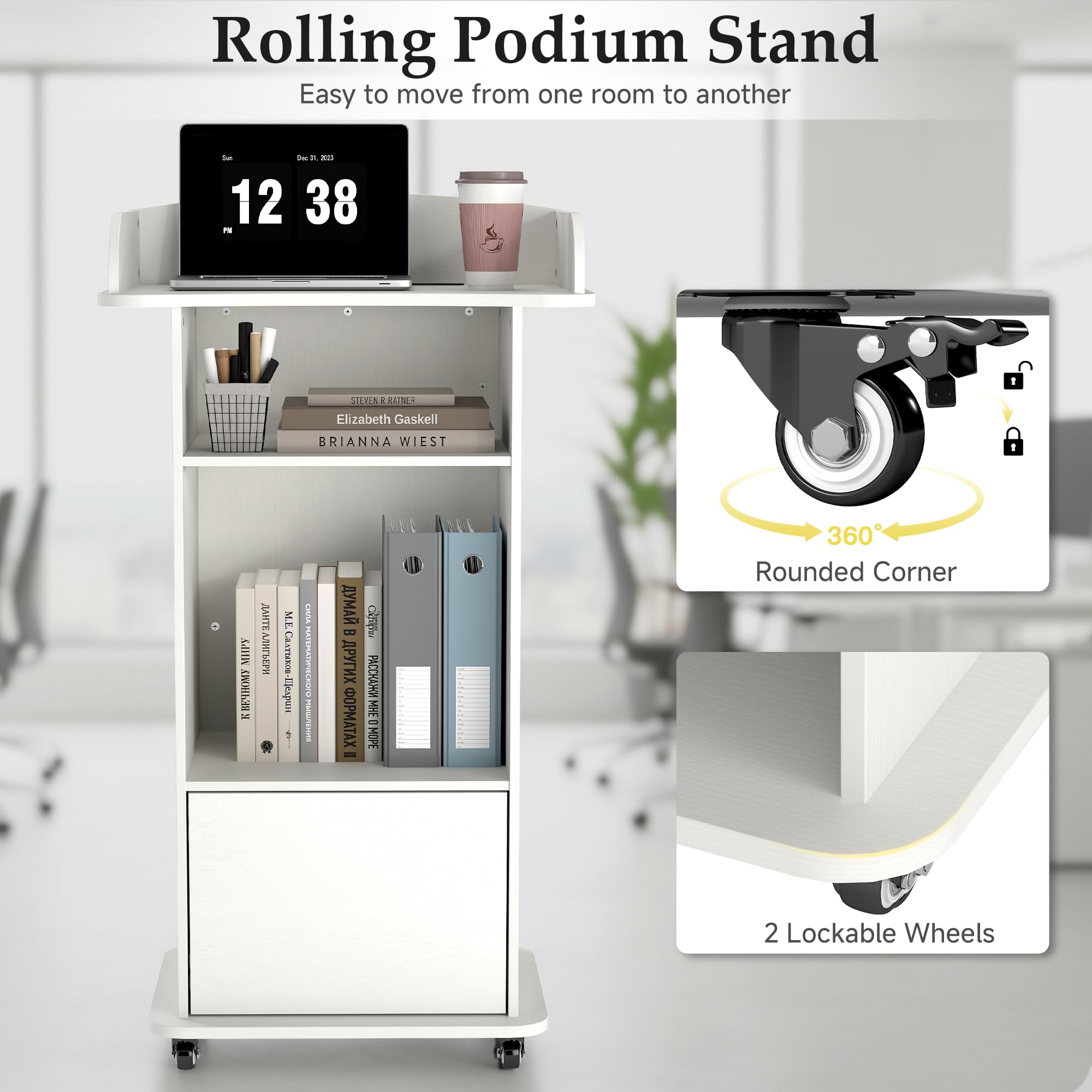 Portable Podium Stand with 4 Metal Wheels, Mobile Lectern Stand with Storage for Church Classroom Restaurant Reception Office Presentation, Wooden Pulpit Desk for Hostess Teacher (White)
