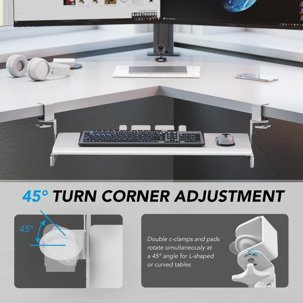 Keyboard Tray Under Desk Pull Out with Extra Sturdy C Clamp Mount System, 27.3 (32.5 inch Including Clamps) x 11 Inch Slide-Out Platform Computer Drawer for Typing White