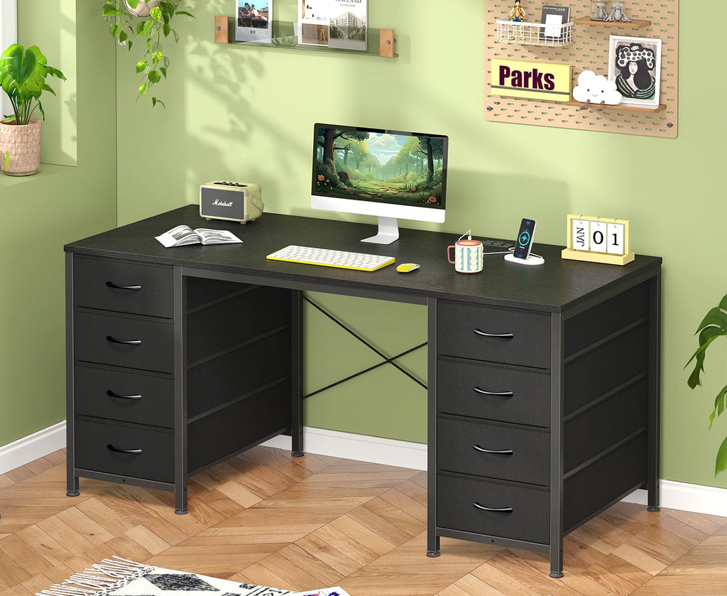 50 Inch Computer Desk with 8 Drawers, Home Office Desk with Power Outlets, Work Study Gaming Desk with 8 Fabric Drawers, Black