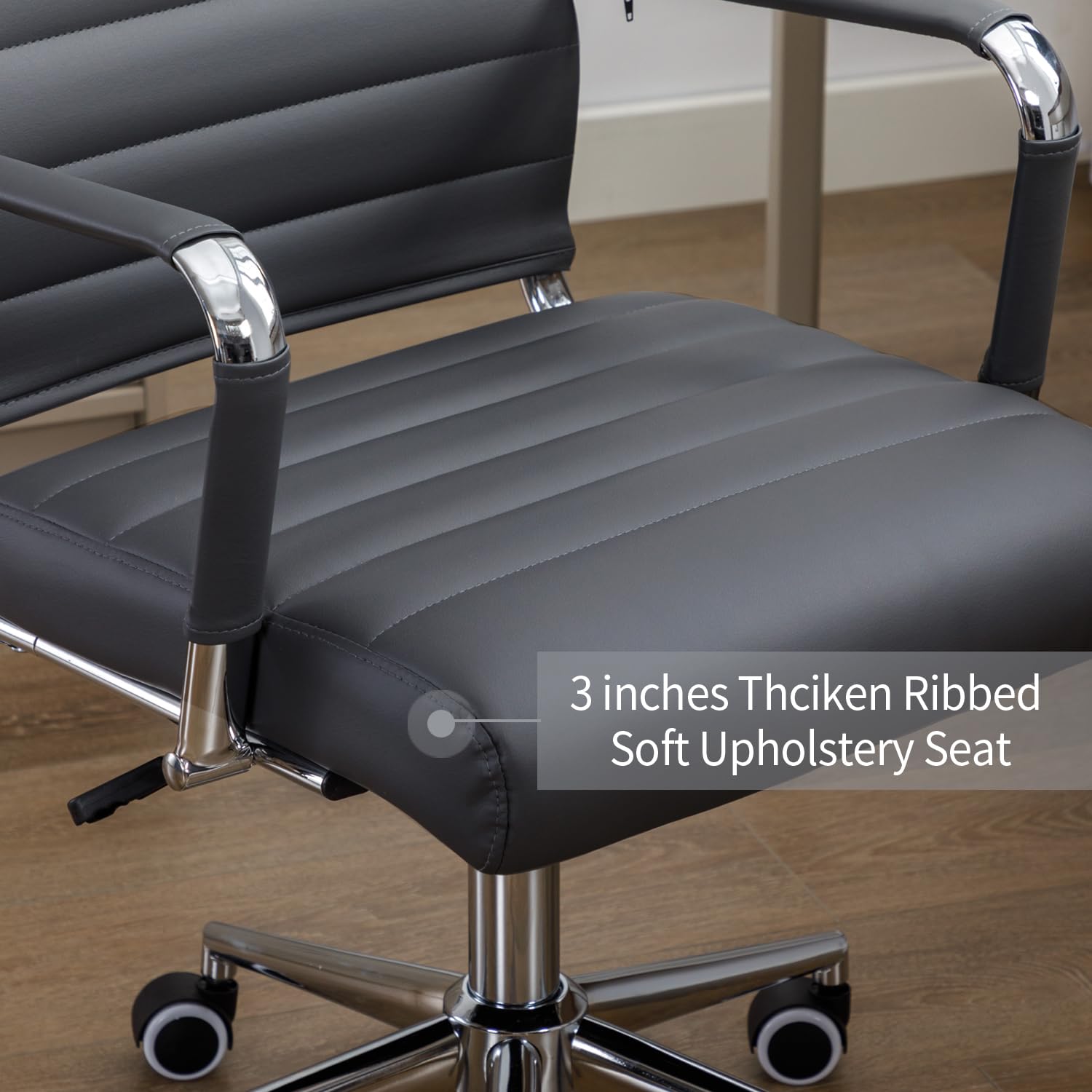 Office Desk Chair Leather, Conference Room Chairs with Wheels, Executive Modern High Back Ergonomic Swivel Rolling Ribbed Computer Chair