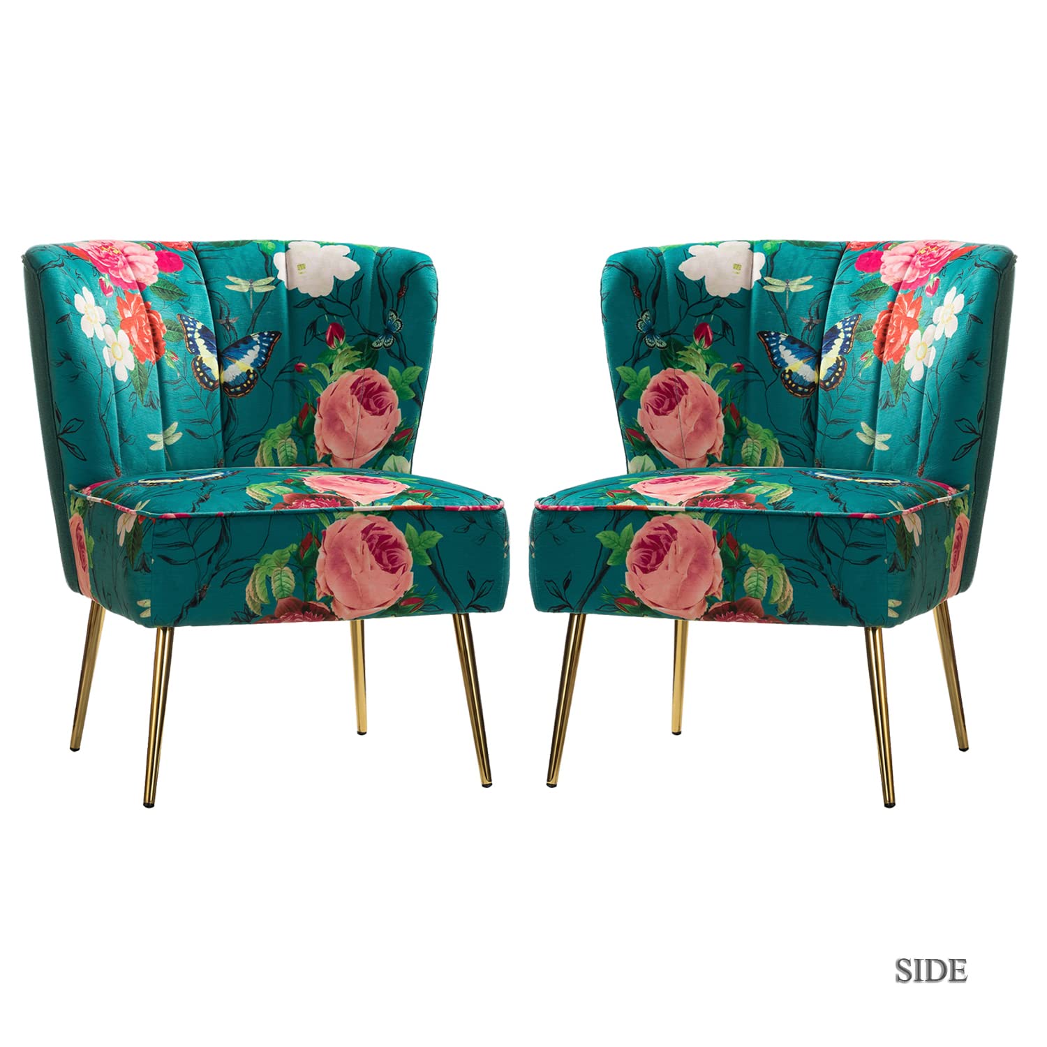 Accent Chair Set of 2 with Golden Legs, Comfy Floral Fabric Living Room Chair, Wingback Small Armless Side Chair, Upholstered Slipper Chair for Bedroom, Reading Room (Flower Print, Blue)