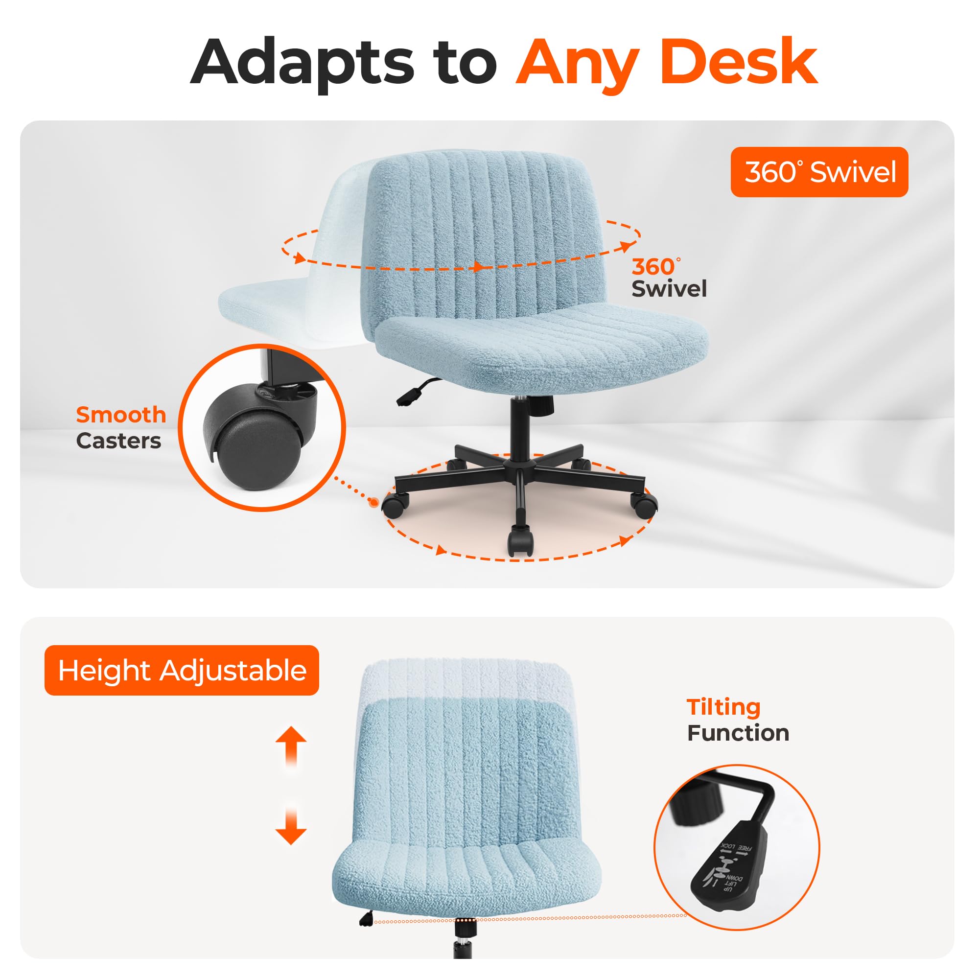 Criss Cross Chair Wheels Vanity Chair Office Desk Comfy Wide Cross Legged Armless Teddy Fabric Adjustable Swivel for Home Computer Task (Blue, Teddy Fleece)