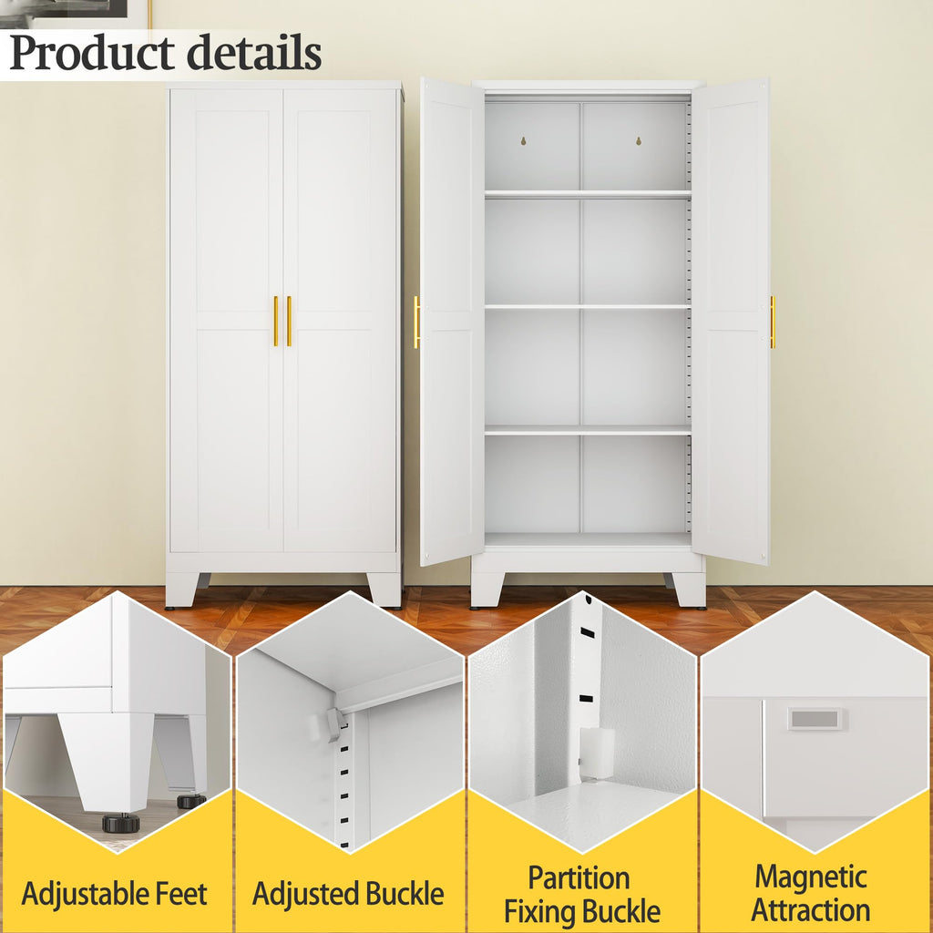 White Metal Storage Cabinet, 61" Kitchen Pantry Cabinets for Office