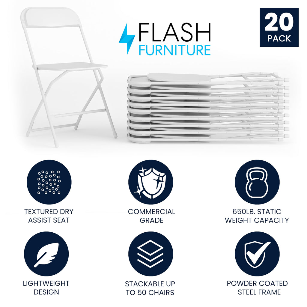 20 Pack, Hercules Series Plastic Folding Chair - White -  650LB Weight Capacity Comfortable Event Chair-Lightweight Folding Chair