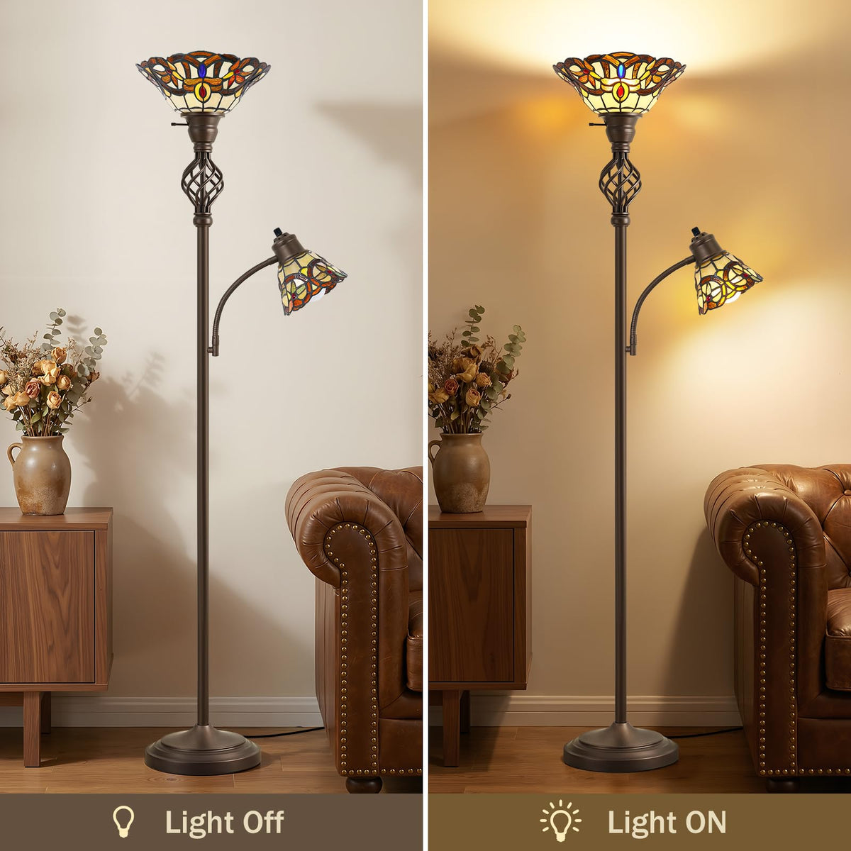 Torchiere Floor Lamp for Living Room, Tiffany-Style Reading Light