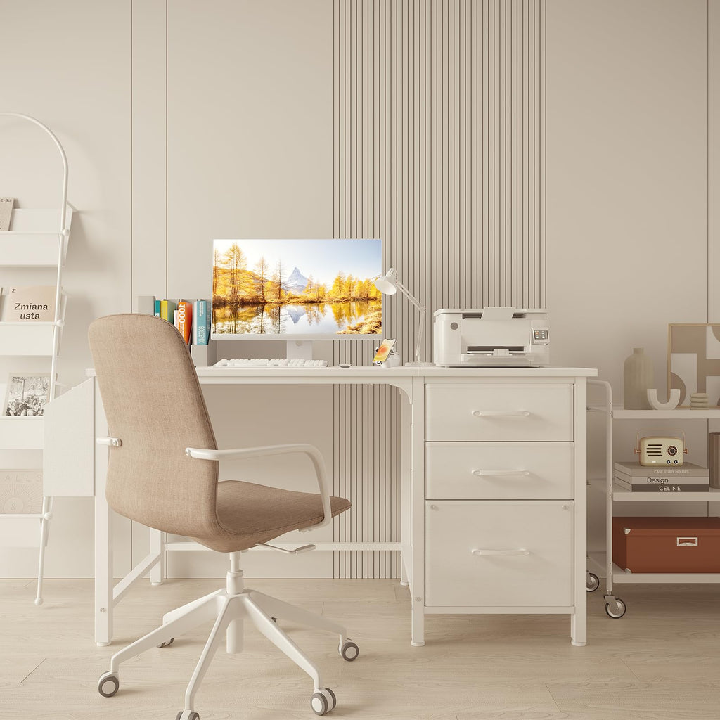 White Desk with File Drawers Cabinet, 47 Inch Reversible Computer Desk with Fabric Filing Cabinet for Bedroom Small Space Home Office, Modern Writing Table PC Desks, White