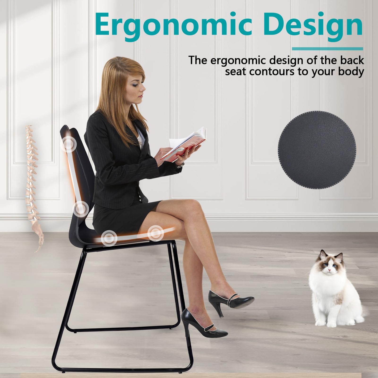 Set of 4, Stackable Waiting Room Chair, Stacking Office Chair with Ergonomic Lumbar Support and Metal Legs, Plastic Desk Chairs for Conference School Church Guest Reception, Black