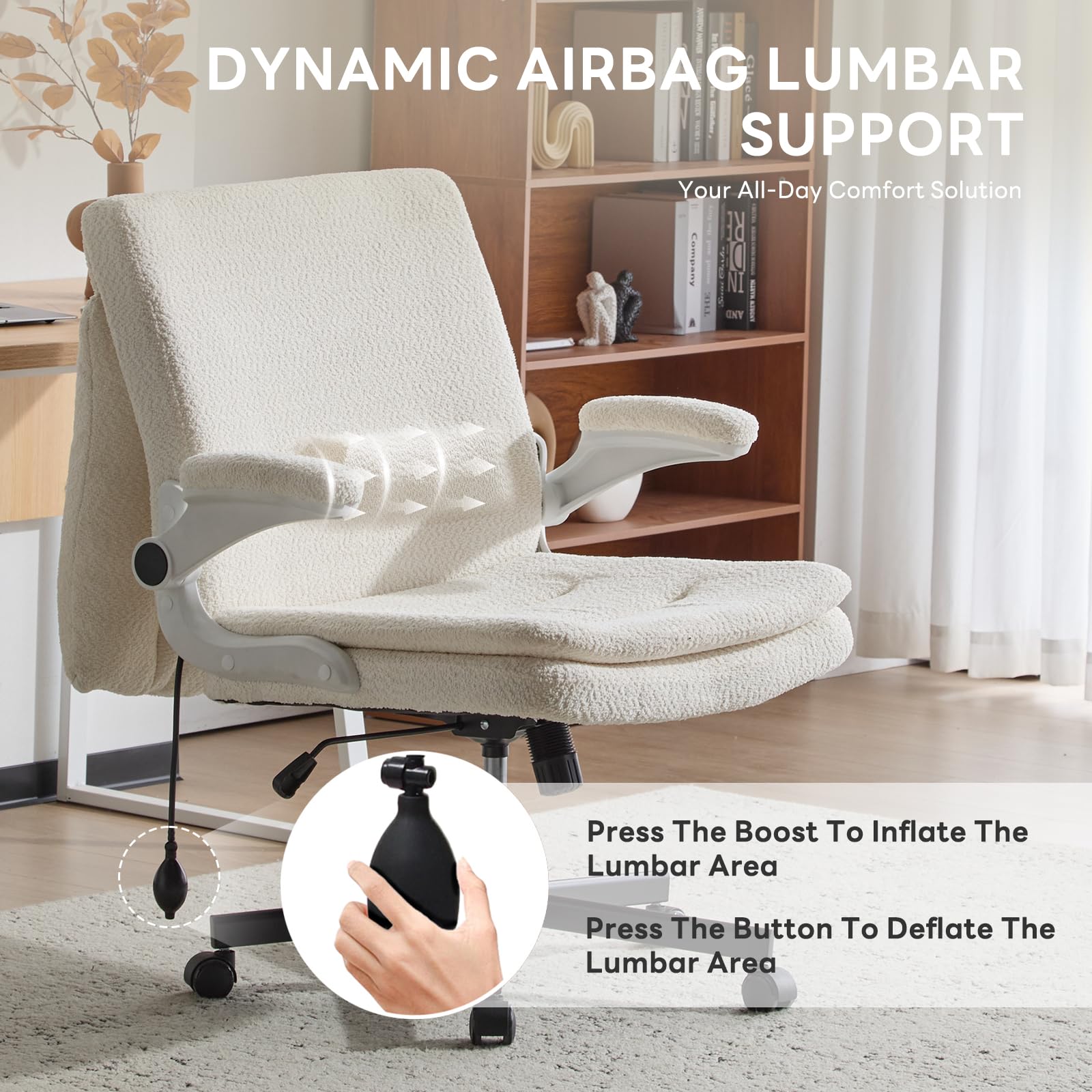 Criss Cross Office Chair with 2 in 1 Inflatable Flip-up Back, Ergonomic Wide Seat Desk Chair with Adjustable Arms and Wheels, Cross Legged Office Chair for Home & Office, Beige