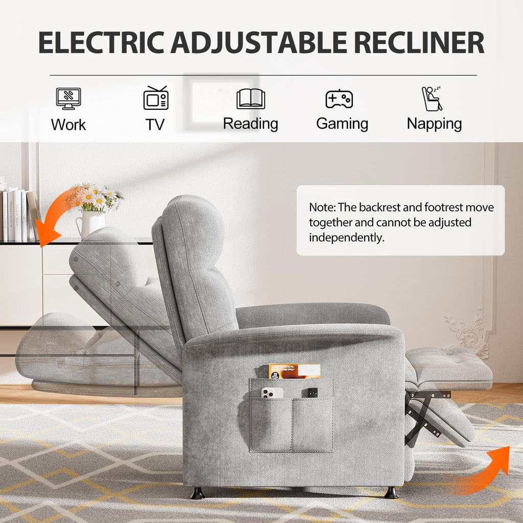Power Recliner Chair for Adults with Heat & Massage - Soft Fabric Electric Reclining Sofa with Remote Control, 3 Side Pockets, 180° Lay Sleeper for Living Room Home Theater, Light Grey