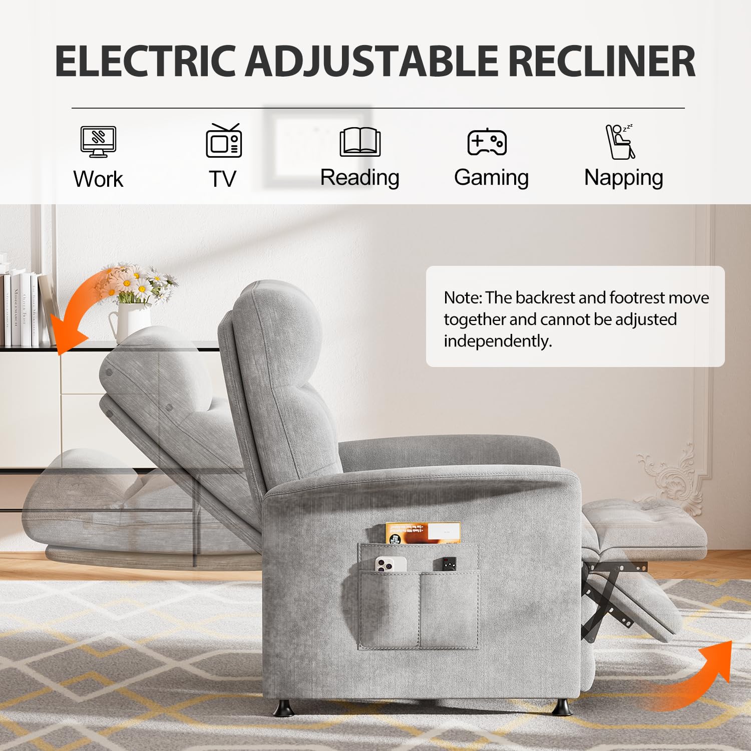 Power Recliner Chair for Adults with Heat & Massage - Soft Fabric Electric Reclining Sofa with Remote Control, 3 Side Pockets, 180° Lay Sleeper for Living Room Home Theater, Light Grey